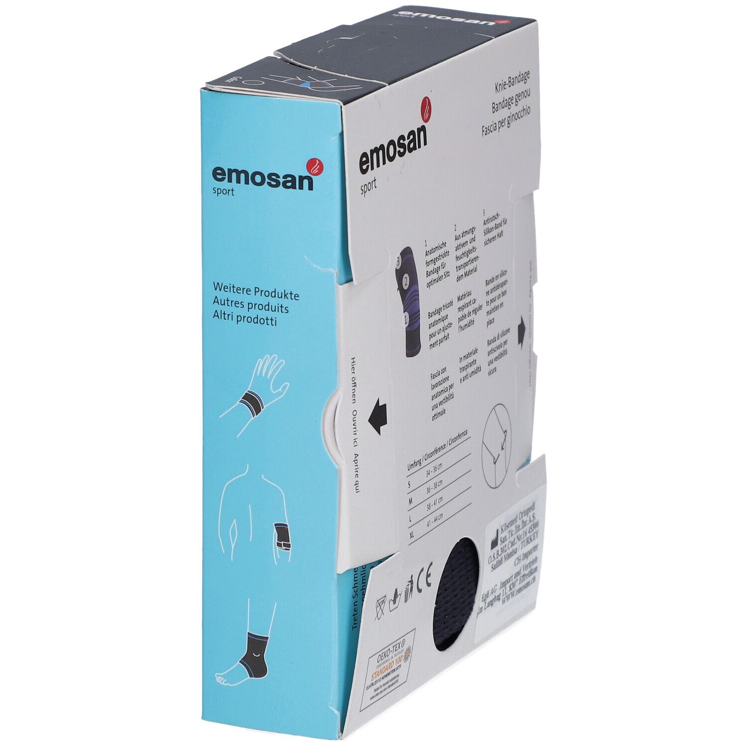 Seitenansicht der EMOSAN Sport Kniebandage-Verpackung. Aufdruck: Weitere Produkte. Illustrationen zur Anwendung. Größenangaben.