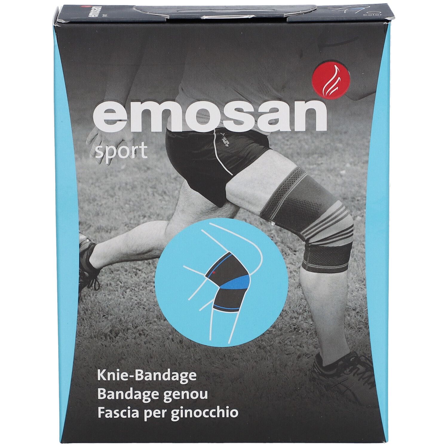 EMOSAN Sport Kniebandage-Verpackung. Aufdruck: Knie-Bandage, Bandage genou, Fascia per ginocchio. Abbildung einer Kniebandage am Bein.