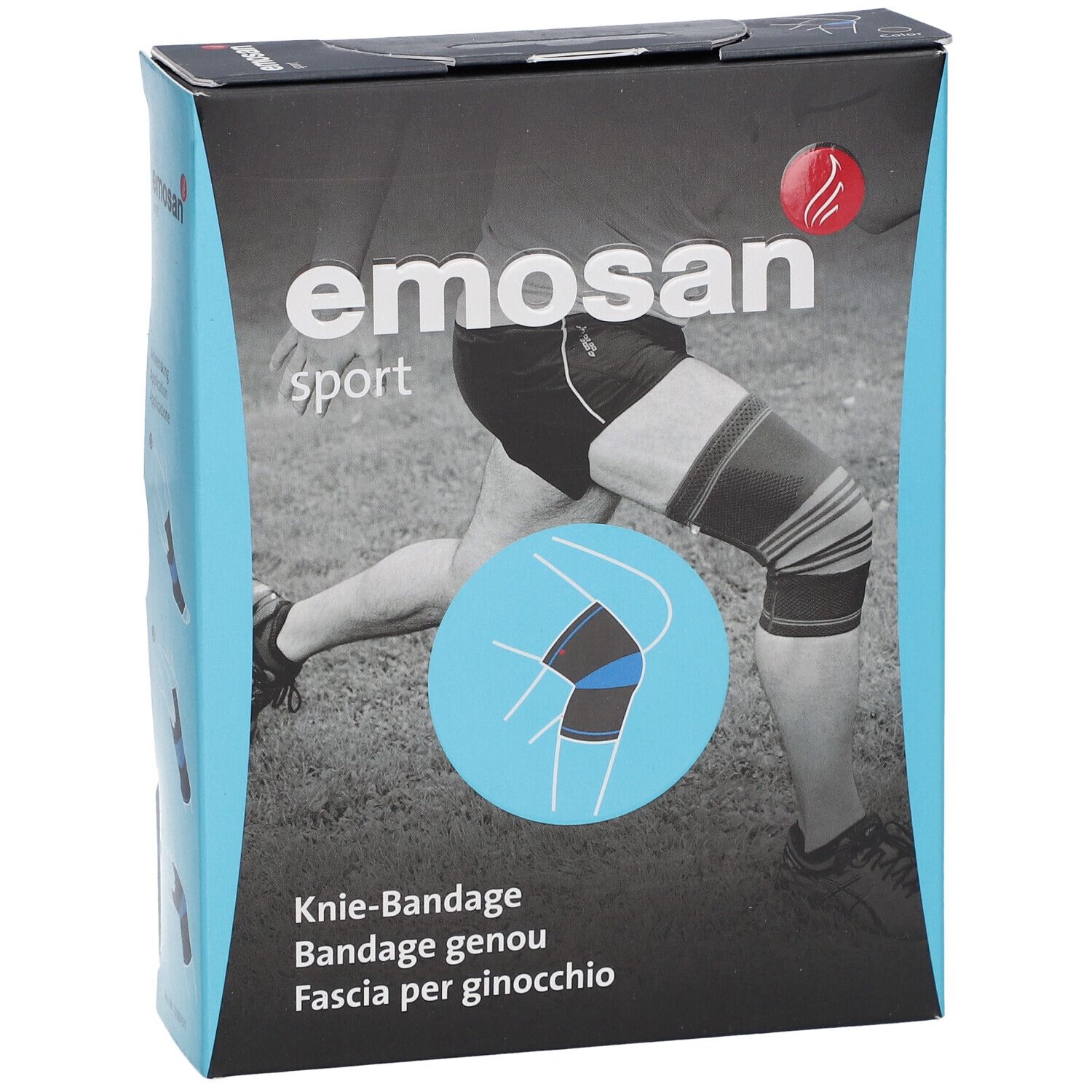EMOSAN Sport Kniebandage-Verpackung. Aufdruck: Knie-Bandage, Bandage genou, Fascia per ginocchio. Abbildung einer Kniebandage am Bein.