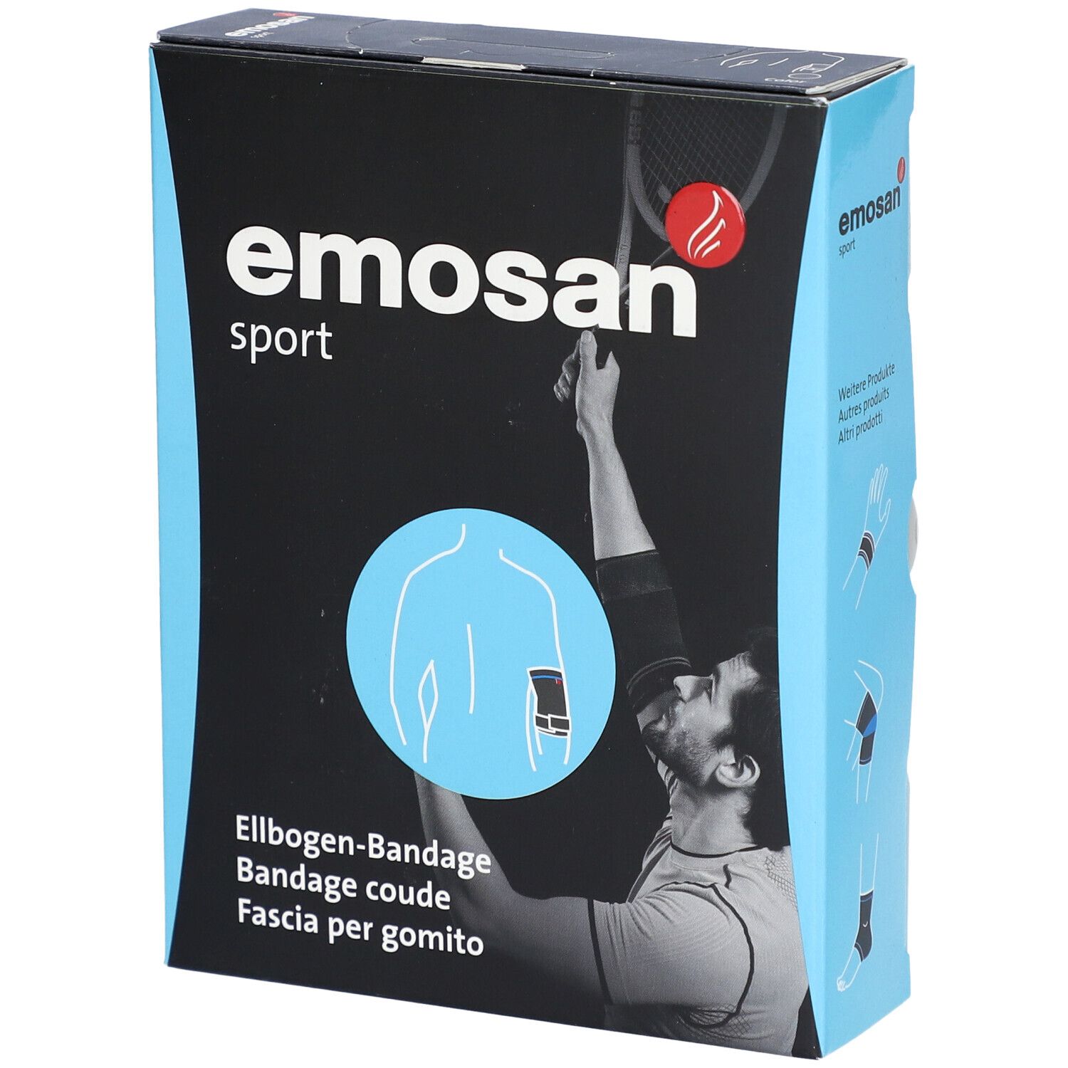 Emballage de l'attelle de coude EMOSAN sport. Boîte noire avec nom du produit et illustration d'un joueur de tennis.