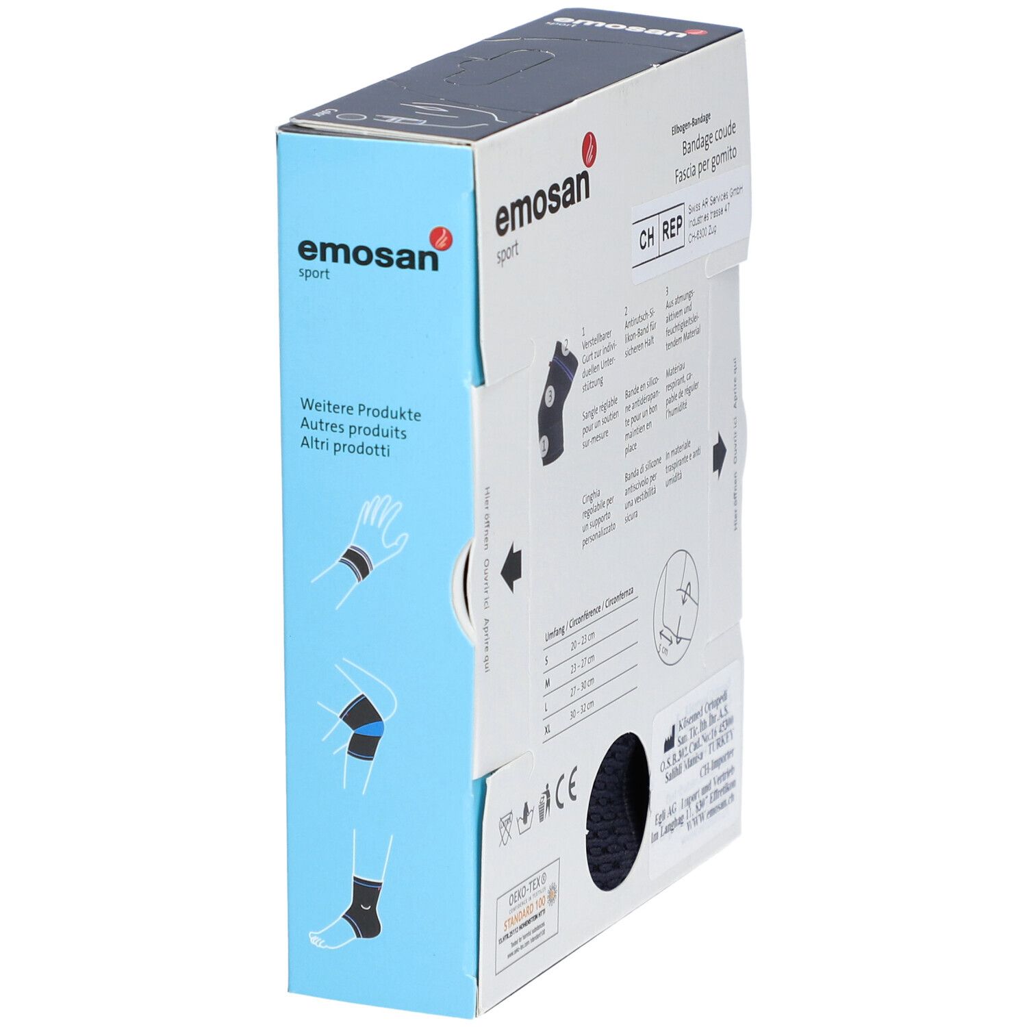 Vue latérale de l'emballage de l'attelle de coude EMOSAN sport. Informations sur le produit et indications de taille.
