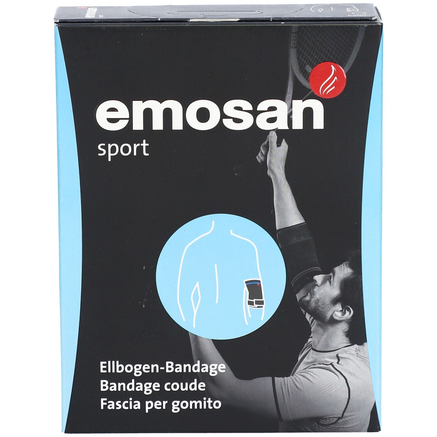 Vue de face de l'emballage de l'attelle de coude EMOSAN sport. Boîte noire avec nom du produit et illustration de joueur de tennis.
