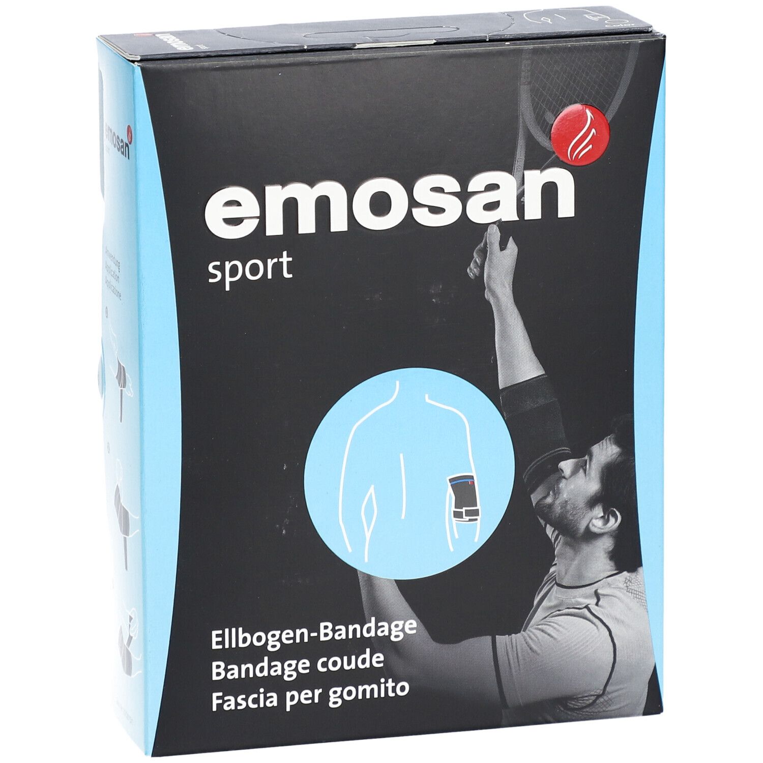 Emballage noir de l'attelle de coude EMOSAN sport. Nom du produit et illustration d'un joueur de tennis.