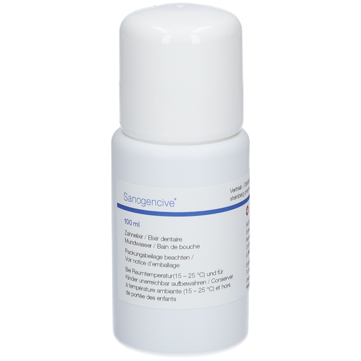 Weiße Flasche mit weißem Deckel. Etikett mit Produktnamen und Text. Blaue Linie. 100 ml.