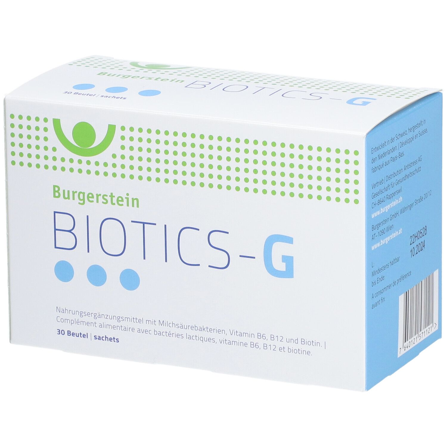 Weiße Schachtel mit Burgerstein BIOTICS-G. Aufschrift: Nahrungsergänzungsmittel mit Milchsäurebakterien, Vitamin B6, B12 und Biotin. 30 Beutel.