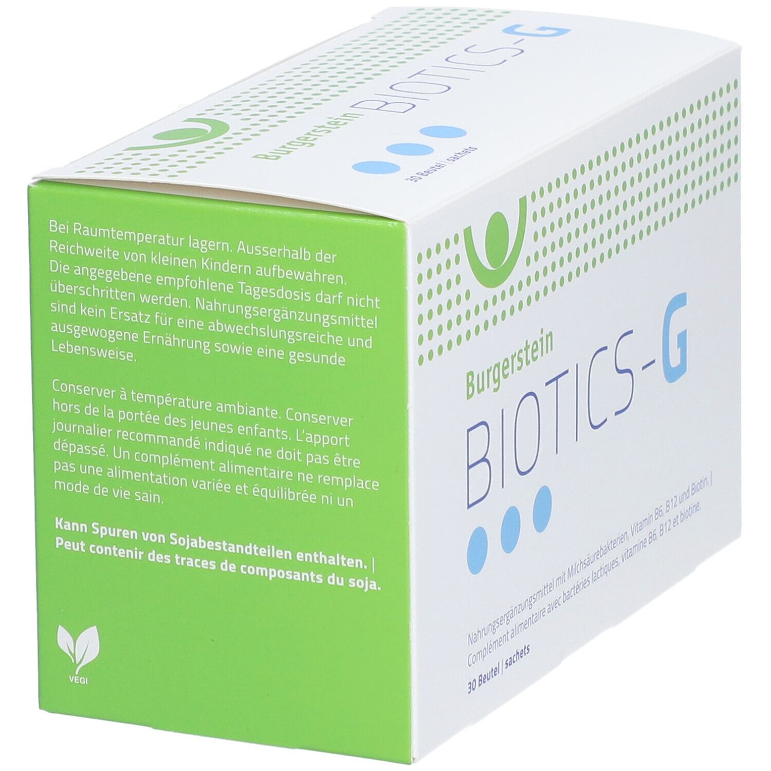 Schachtel Burgerstein BIOTICS-G. Text: Bei Raumtemperatur lagern. Empfohlene Tagesdosis nicht überschreiten. Kann Spuren von Soja enthalten.