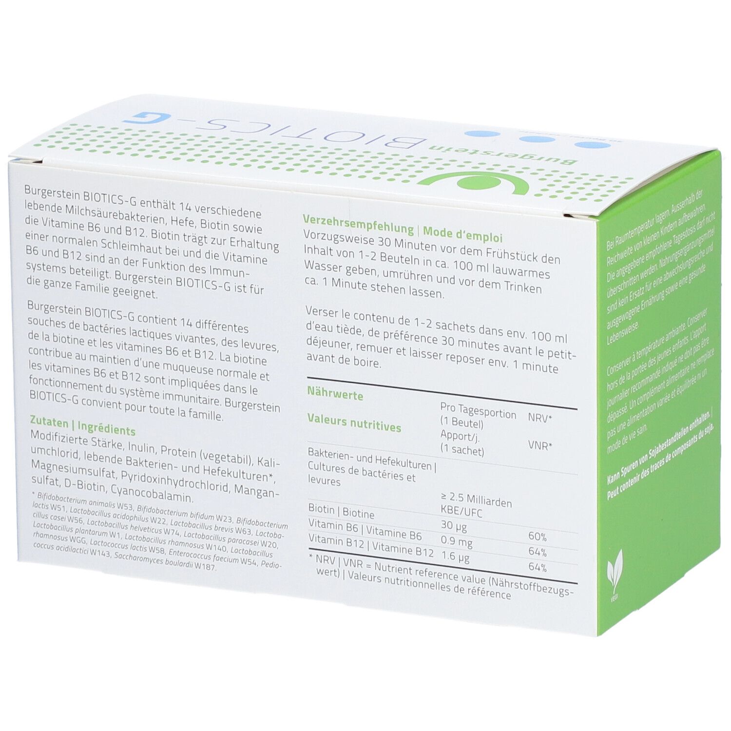 Rückseite der Schachtel Burgerstein BIOTICS-G. Text: Enthält 14 lebende Milchsäurebakterien. Nährwertangaben pro Portion.