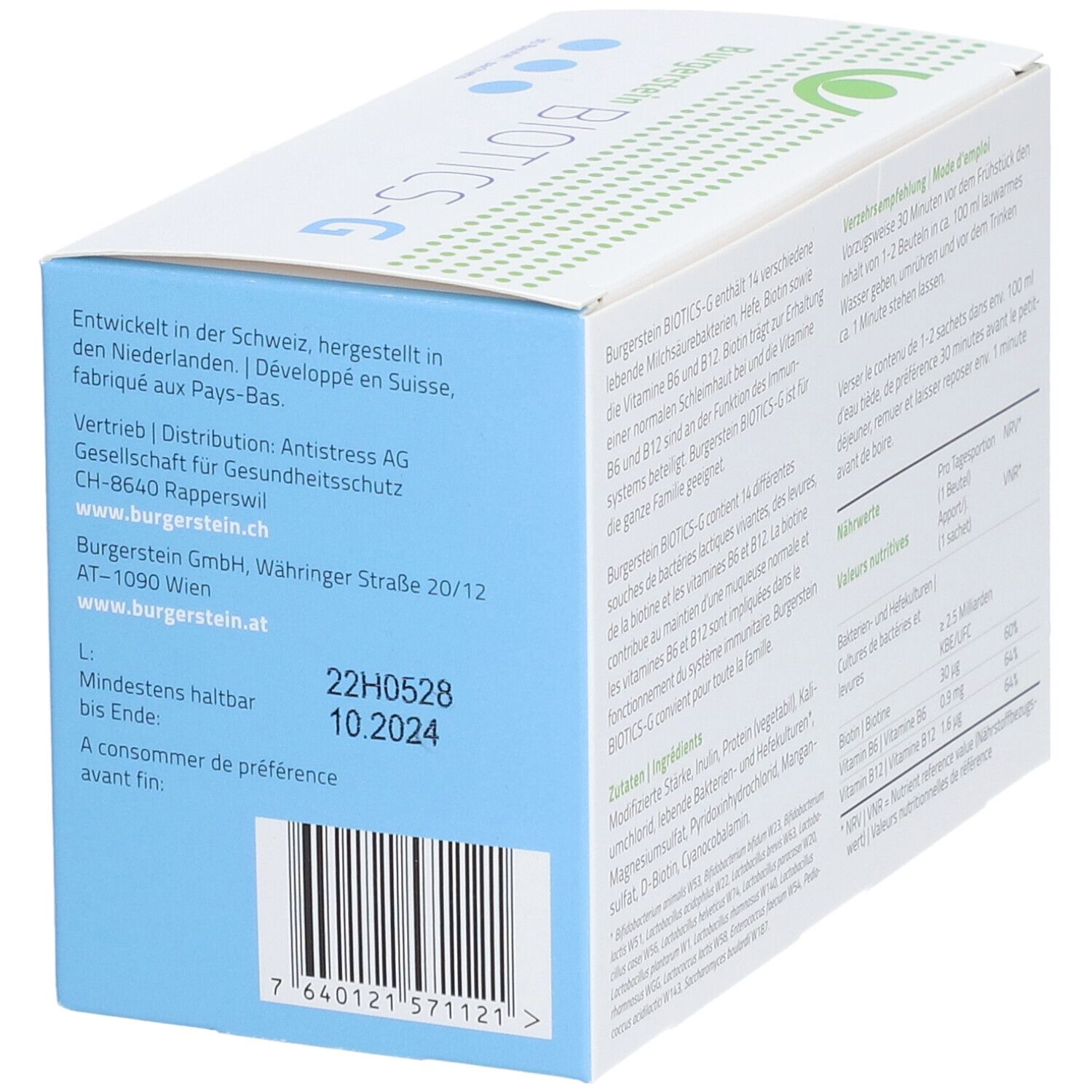 Schachtel Burgerstein BIOTICS-G. Text: Mindestens haltbar bis Ende 10.2024. Herstelleradresse und Barcode.
