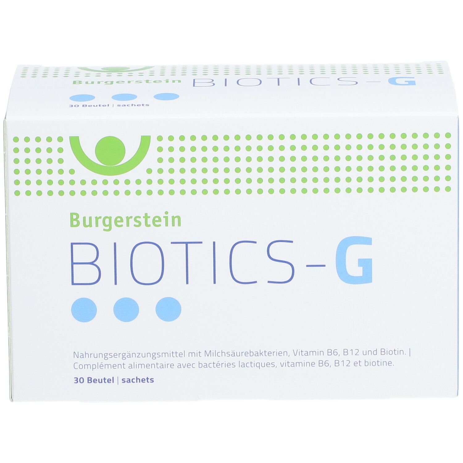 Weiße Schachtel Burgerstein BIOTICS-G. Aufschrift: Nahrungsergänzungsmittel mit Milchsäurebakterien, Vitamin B6, B12 und Biotin. 30 Beutel.
