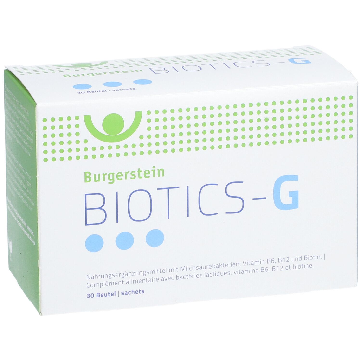 Weiße Schachtel Burgerstein BIOTICS-G. Aufschrift: Nahrungsergänzungsmittel mit Milchsäurebakterien, Vitamin B6, B12 und Biotin. 30 Beutel.