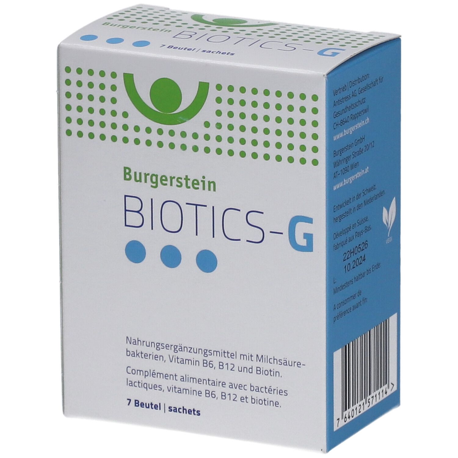 Boîte BURGERSTEIN Biotics-G. Inscription: Complément alimentaire avec bactéries lactiques, vitamine B6, B12 et biotine. 7 sachets.