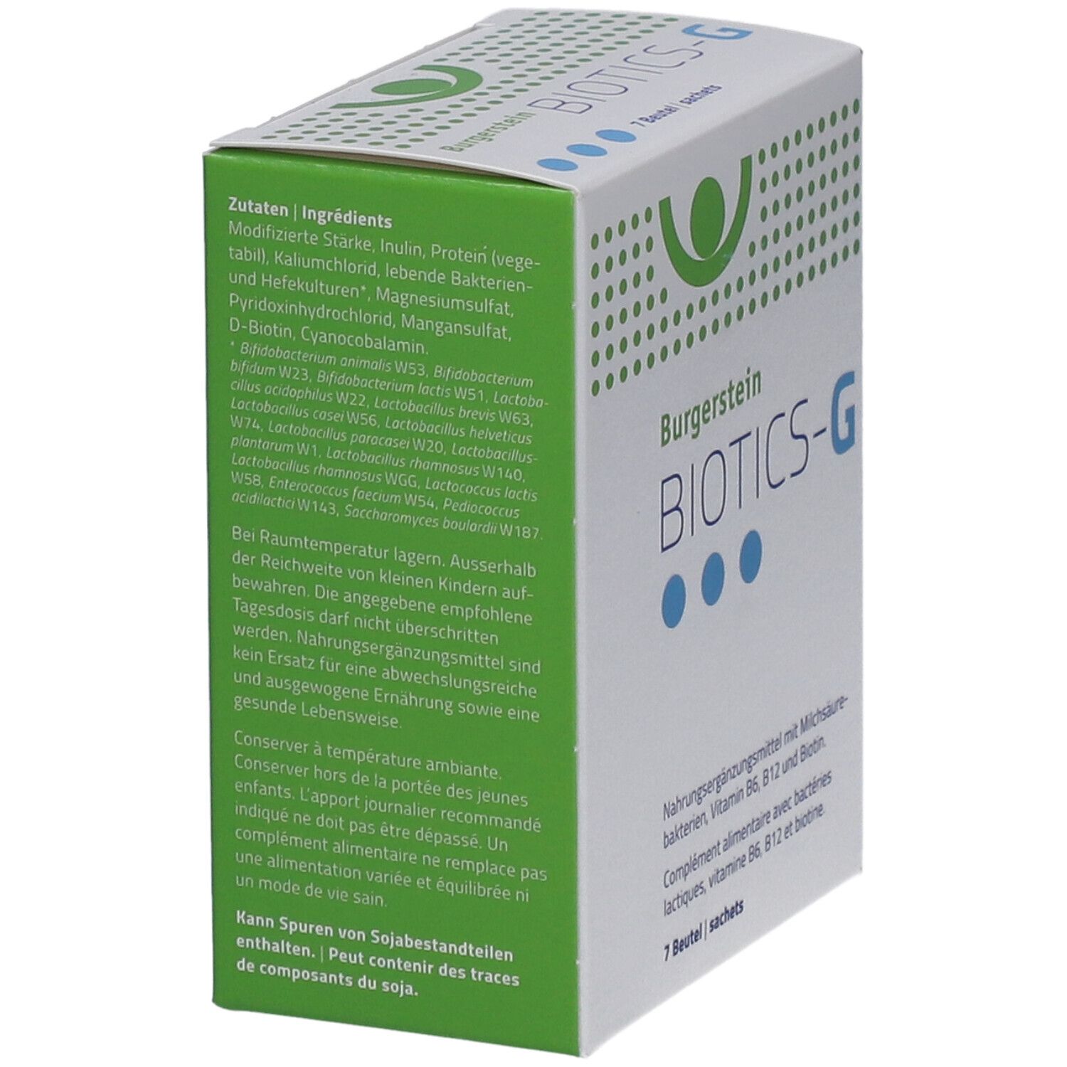 Boîte BURGERSTEIN Biotics-G. Liste des ingrédients en allemand et en français. Contient des traces de soja.