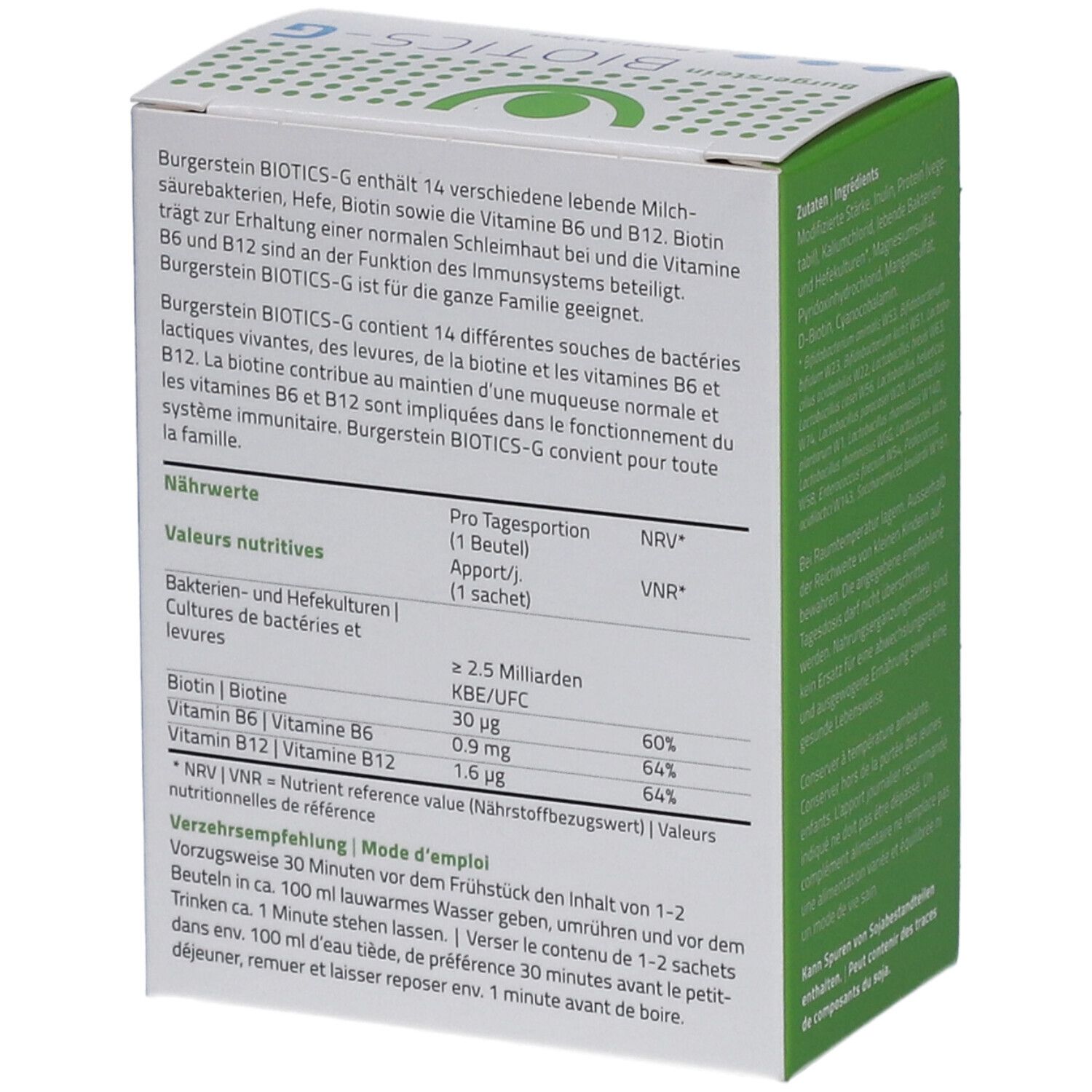 Boîte BURGERSTEIN Biotics-G. Tableau nutritionnel avec bactéries, vitamines B6, B12 et biotine. Mode d'emploi.
