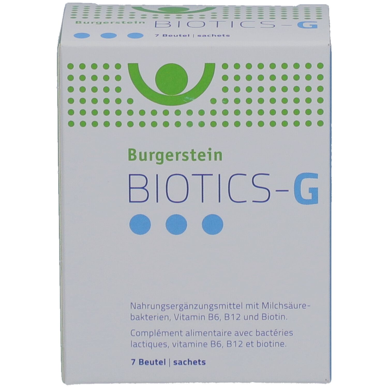 Boîte BURGERSTEIN Biotics-G. Inscription: Complément alimentaire avec bactéries lactiques, vitamine B6, B12 et biotine. 7 sachets.