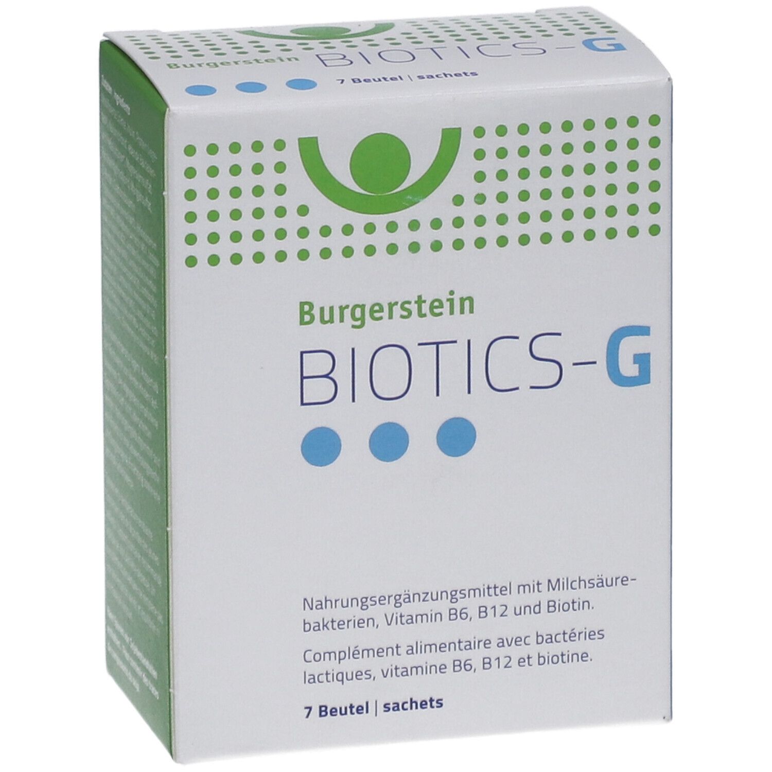 Boîte BURGERSTEIN Biotics-G. Inscription: Complément alimentaire avec bactéries lactiques, vitamine B6, B12 et biotine. 7 sachets.