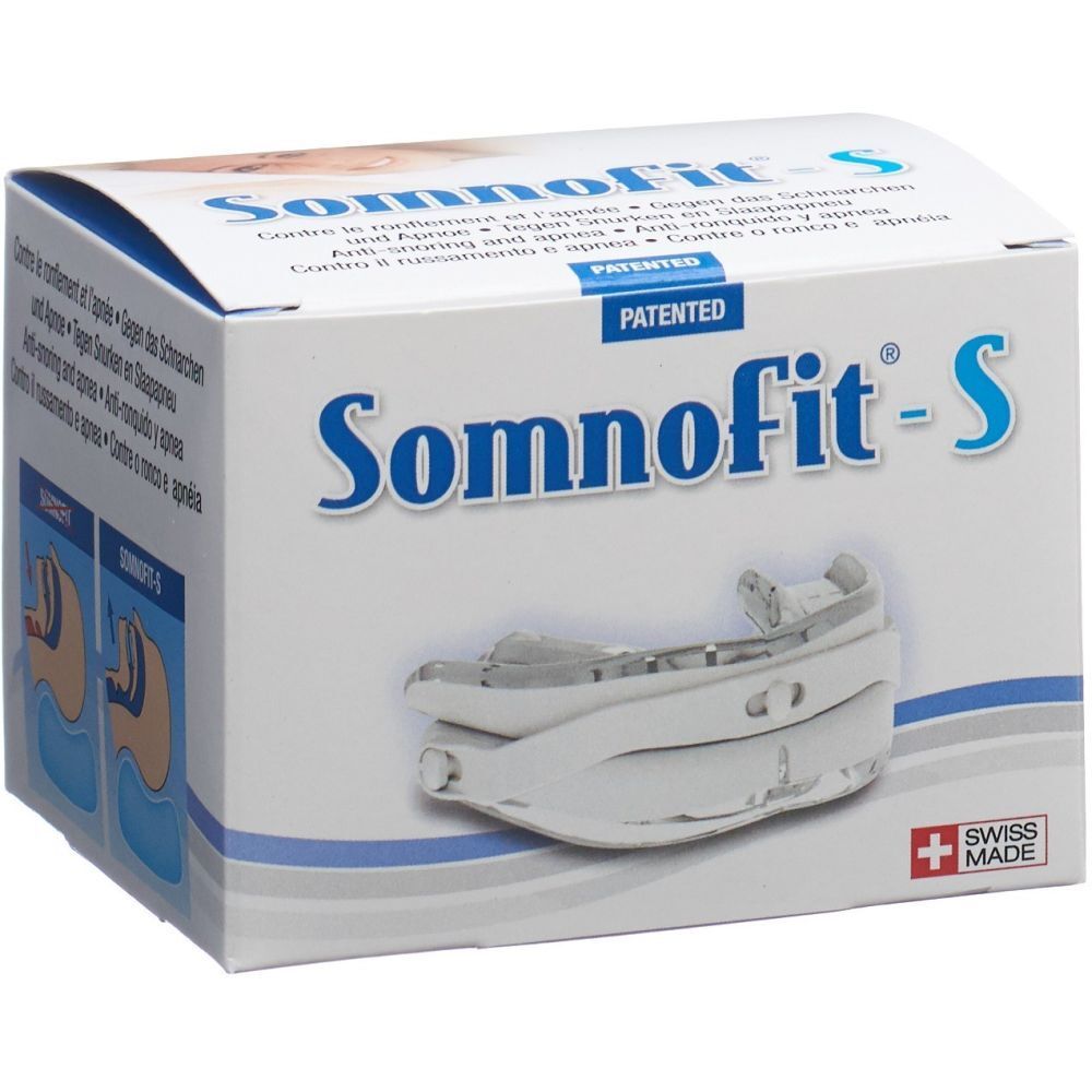 Karton mit Produktabbildung. Aufschrift: Somnofit-S, gegen Schnarchen und Apnoe. Swiss Made. Patentiert.