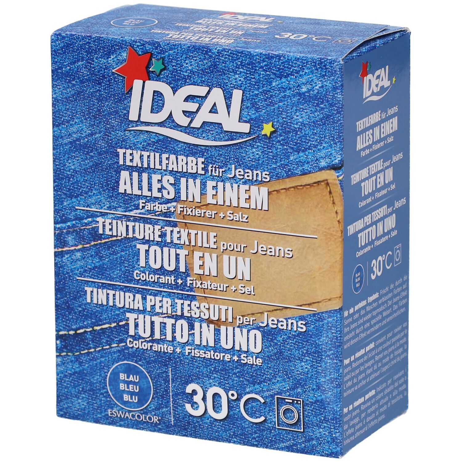 Karton mit Ideal Textilfarbe für Jeans. Aufschrift: Alles in Einem. Farben: Blau. Waschmaschinen-Symbol.