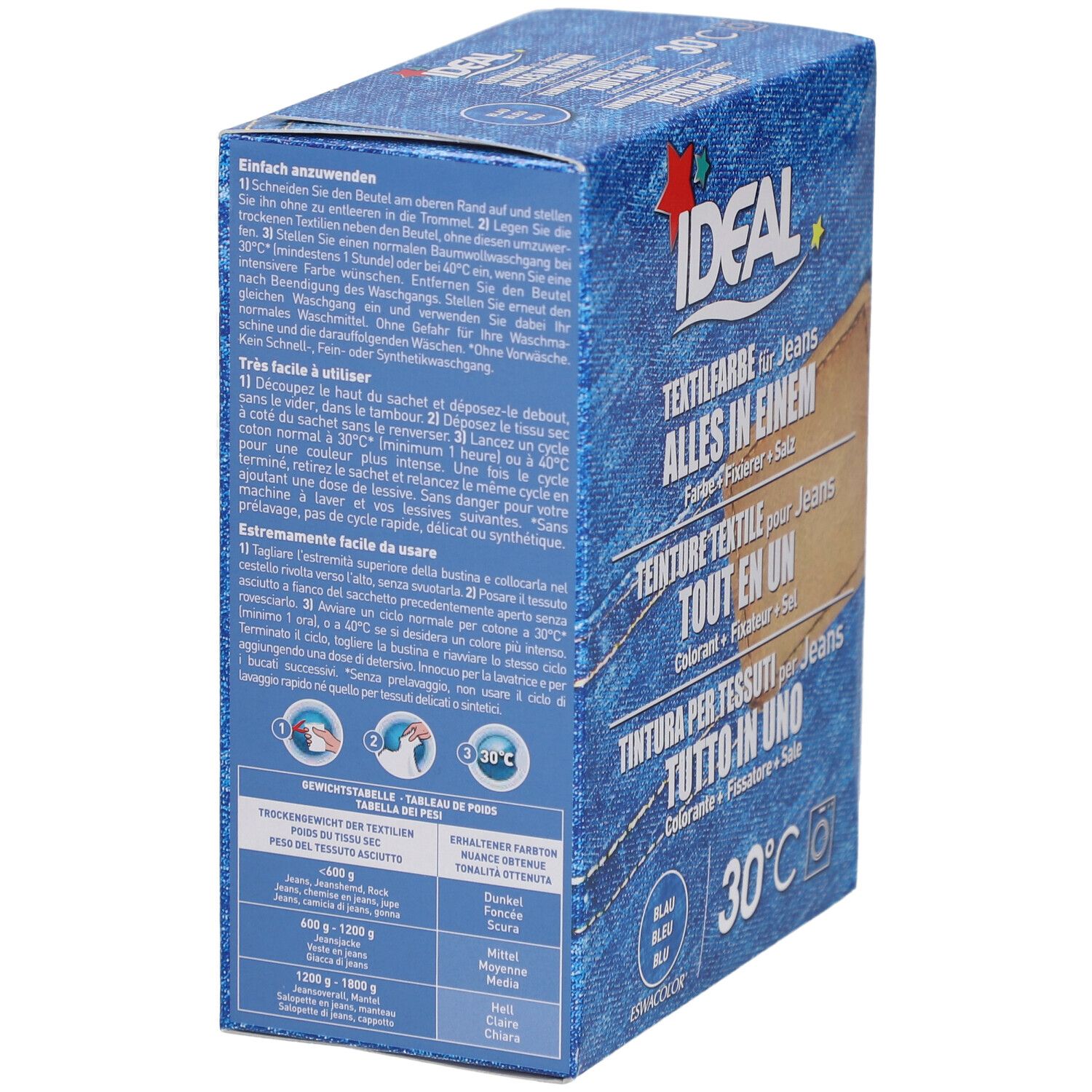Rückseite der Ideal Textilfarbe-Box. Text mit Anweisungen und Informationen zur Anwendung. Waschmaschinen-Symbole.