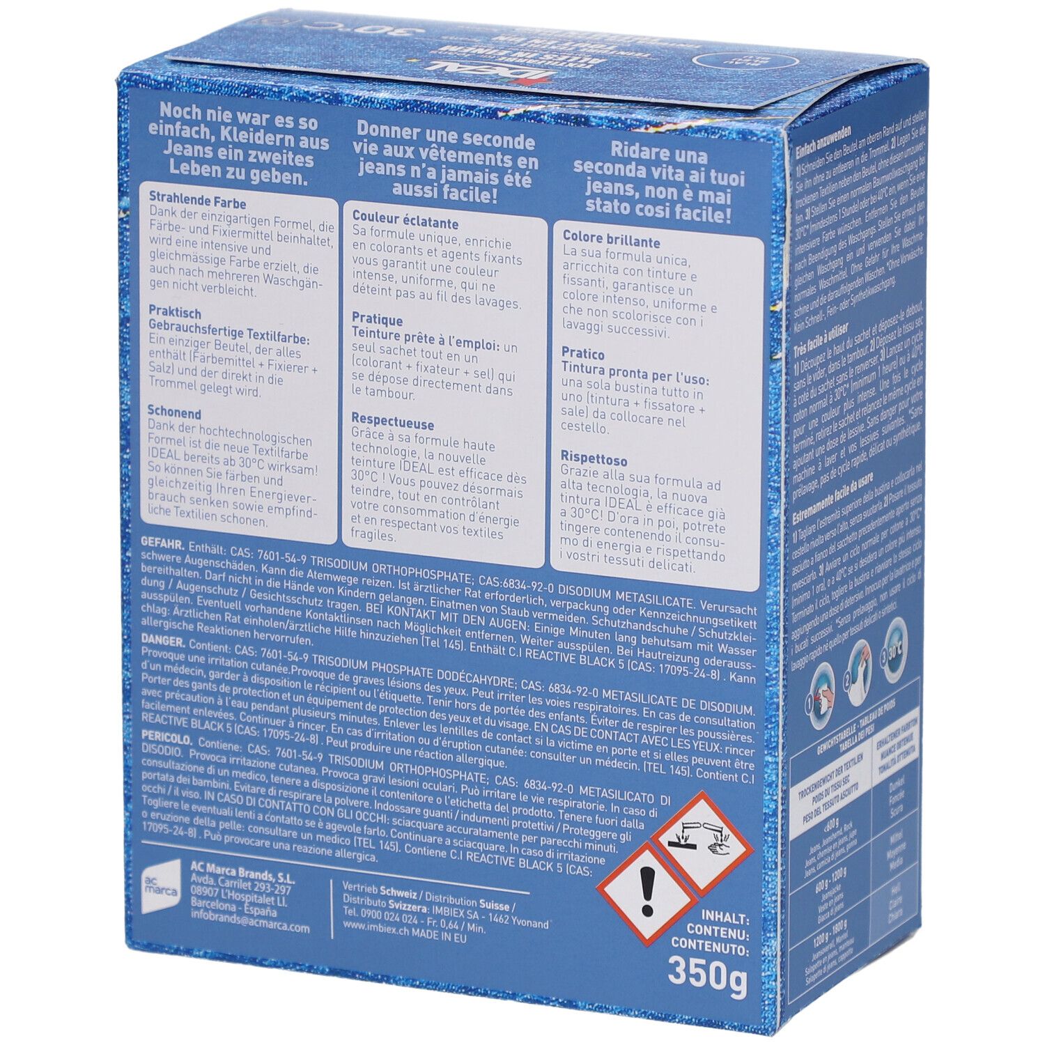 Rückseite der Ideal Textilfarbe-Box. Text mit Inhaltsstoffen und Warnhinweisen. Gewicht: 350g.