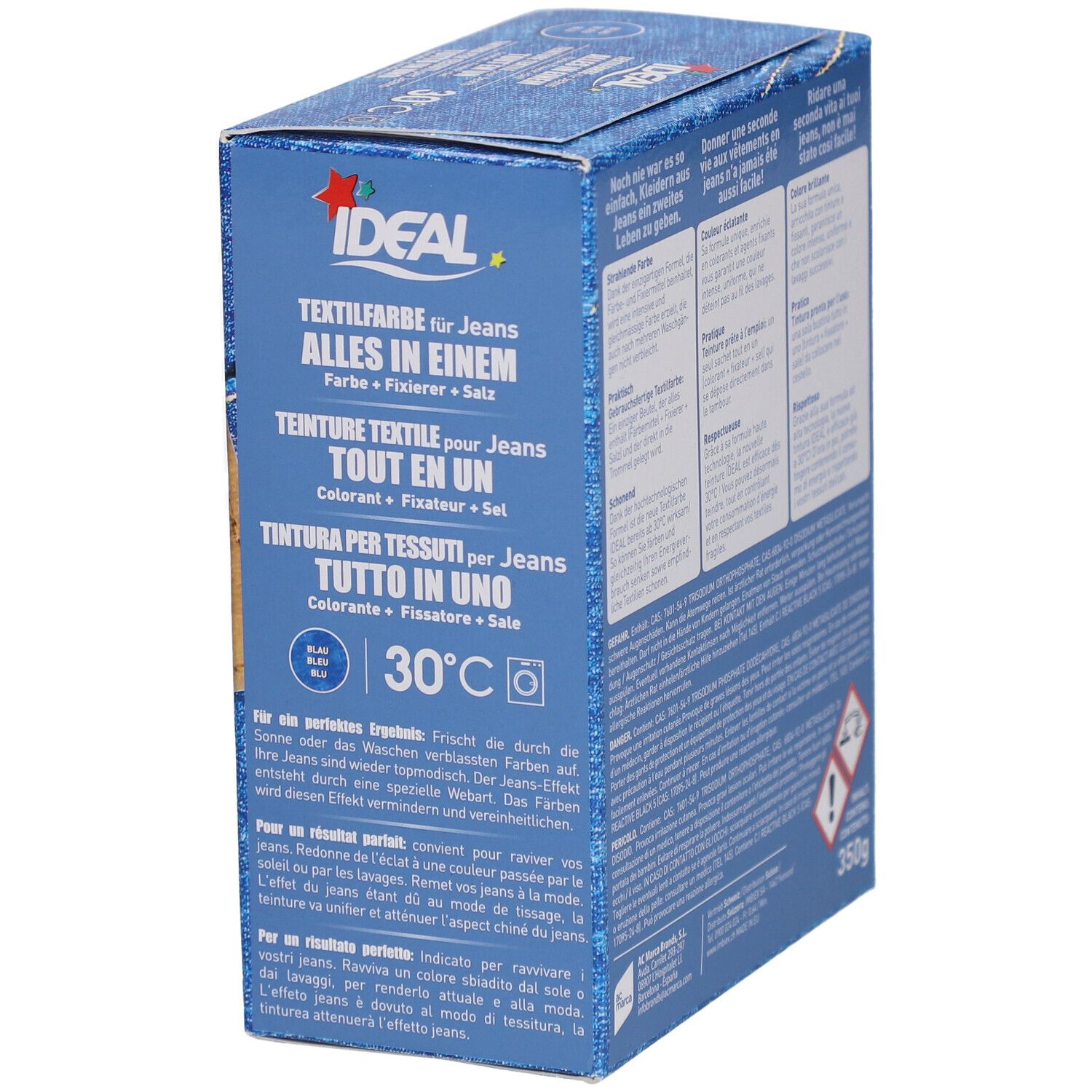 Ideal Textilfarbe-Box. Aufschrift: Alles in Einem. Farben: Blau. Waschmaschinen-Symbol. Gewicht: 350g.