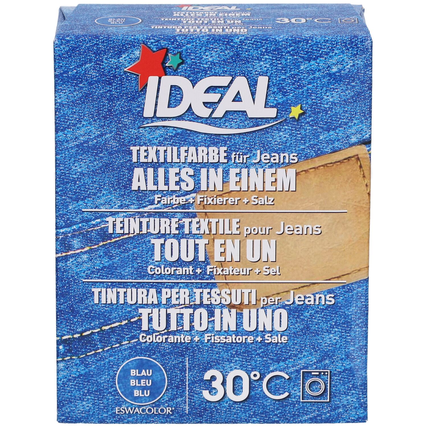 Ideal Textilfarbe-Box. Aufschrift: Alles in Einem. Farben: Blau. Waschmaschinen-Symbol. 30°C.