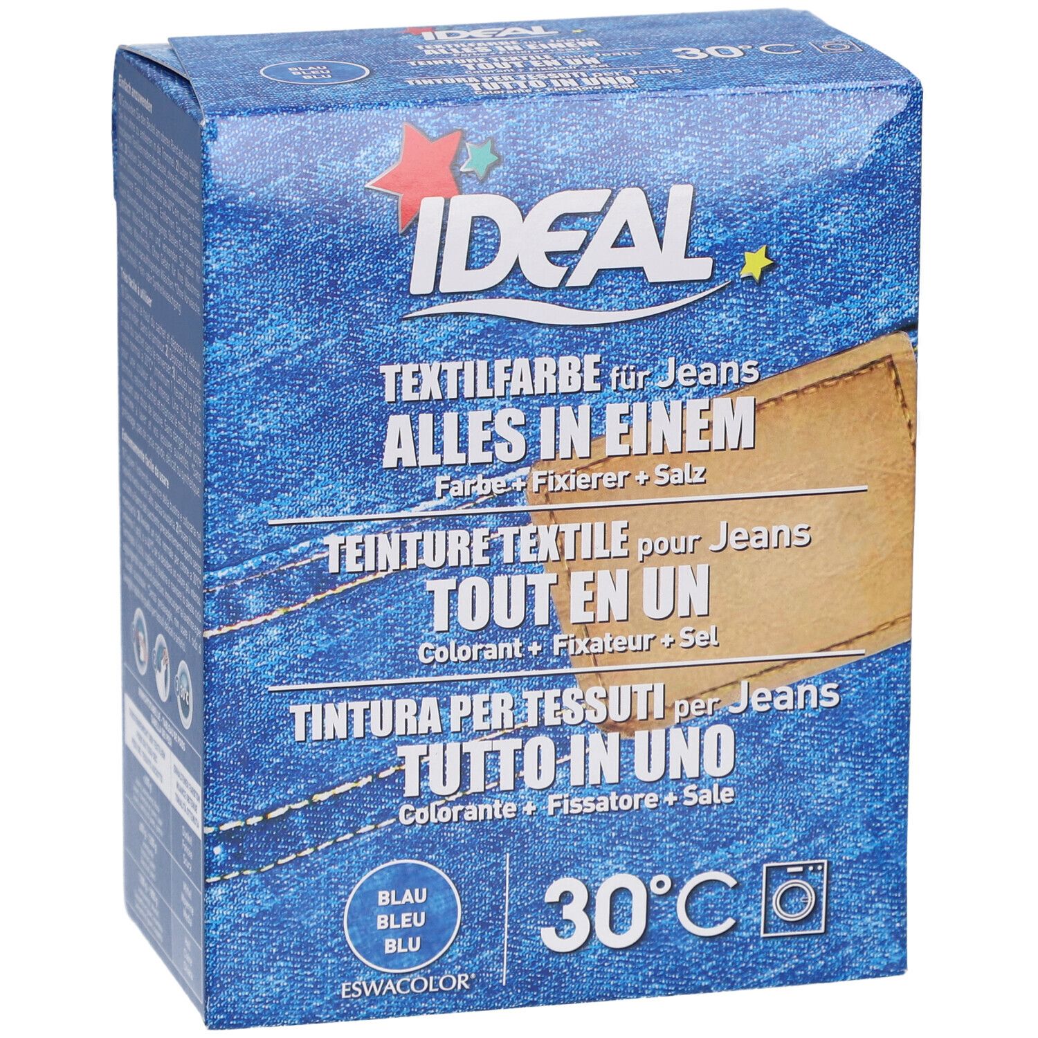 Ideal Textilfarbe-Box. Aufschrift: Alles in Einem. Farben: Blau. Waschmaschinen-Symbol. 30°C.