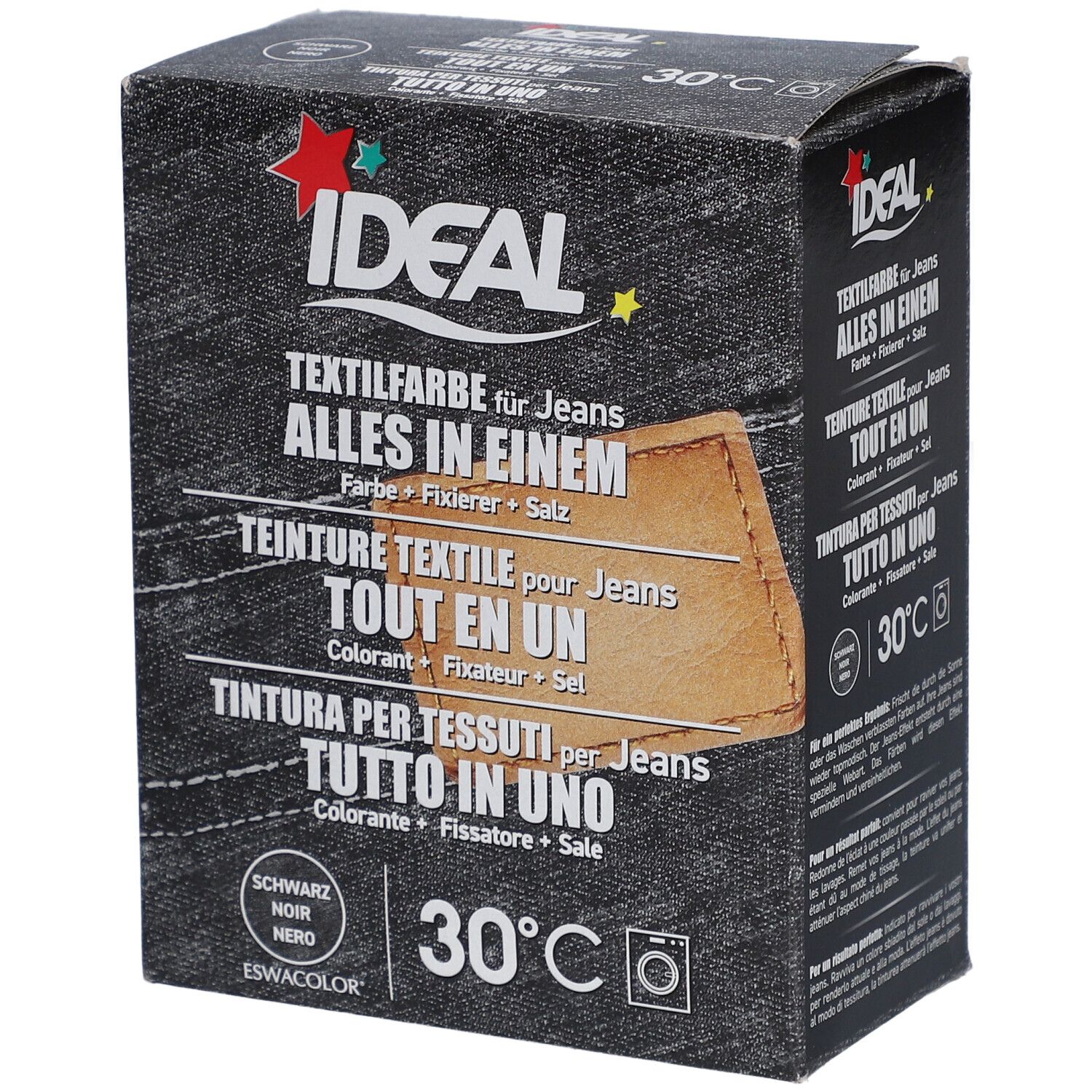 Schwarze Ideal Textilfarbe für Jeans in einer Schachtel. Enthält Farbe, Fixierer und Salz. Waschmaschinen geeignet.