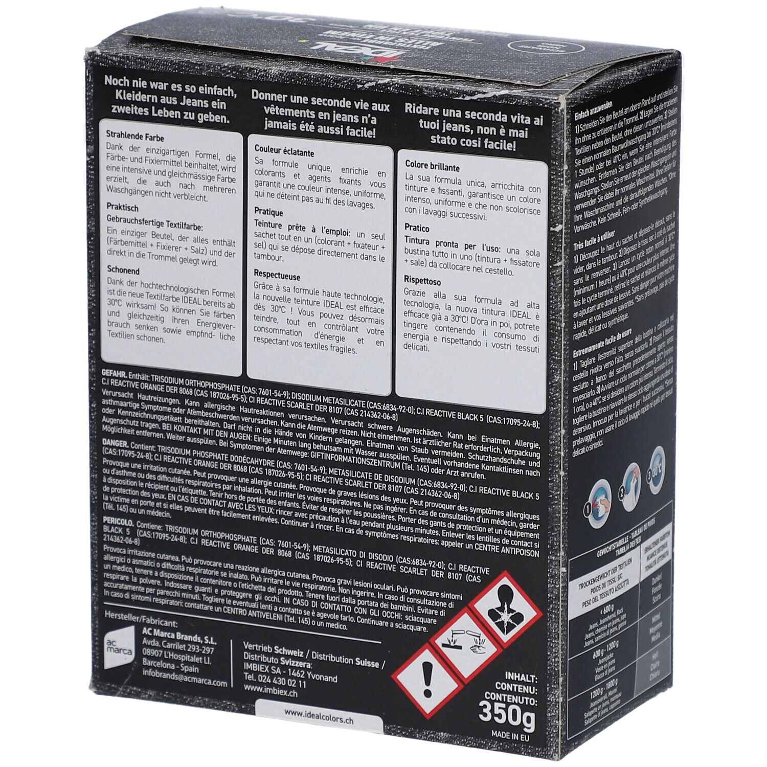 Rückseite der Ideal Textilfarbe-Schachtel. Enthält Informationen zu Inhaltsstoffen und Warnhinweisen. 350g.