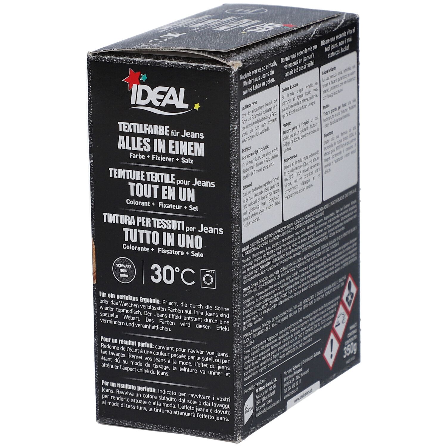 Ideal Textilfarbe-Schachtel. Enthält Informationen zur Anwendung und Waschmaschinen-Eignung. 350g.