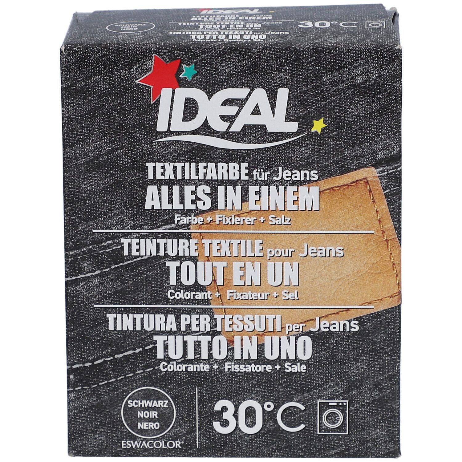 Schwarze Ideal Textilfarbe für Jeans. Enthält Farbe, Fixierer und Salz. Waschmaschinen geeignet. 30°C.