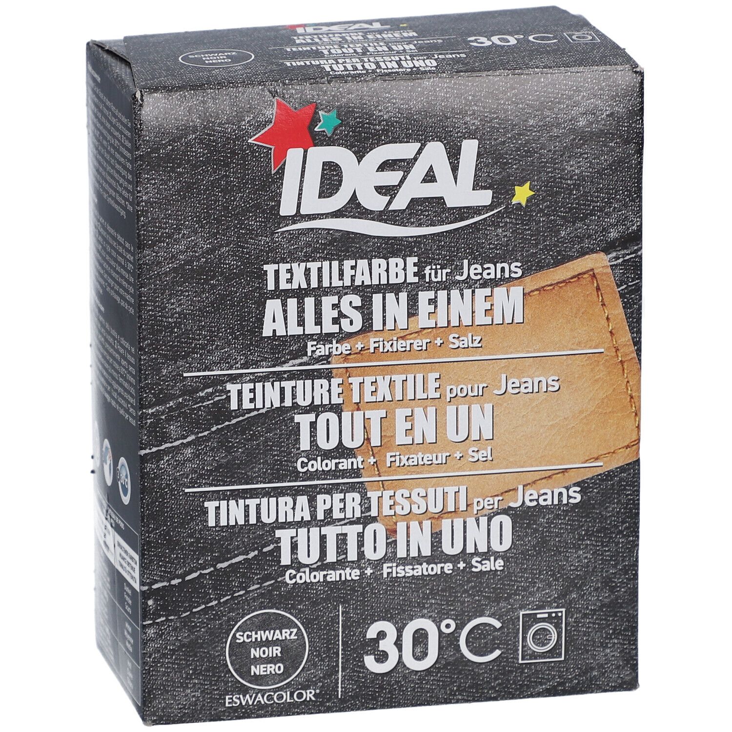 Schwarze Ideal Textilfarbe für Jeans. Enthält Farbe, Fixierer und Salz. Waschmaschinen geeignet. 30°C.