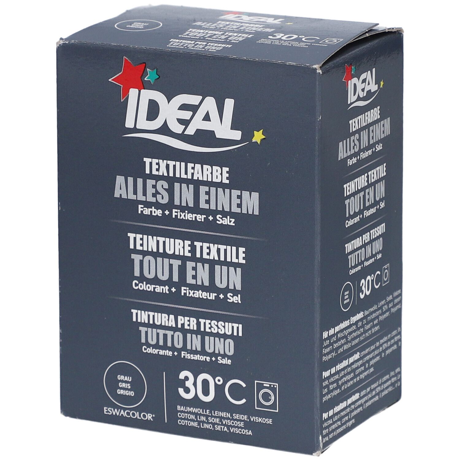 Dunkelgraue Box. Aufschrift: IDEAL Textilfarbe Alles in Einem. Enthält Farbe, Fixierer und Salz. Waschmaschinen-Symbol und 30°C.