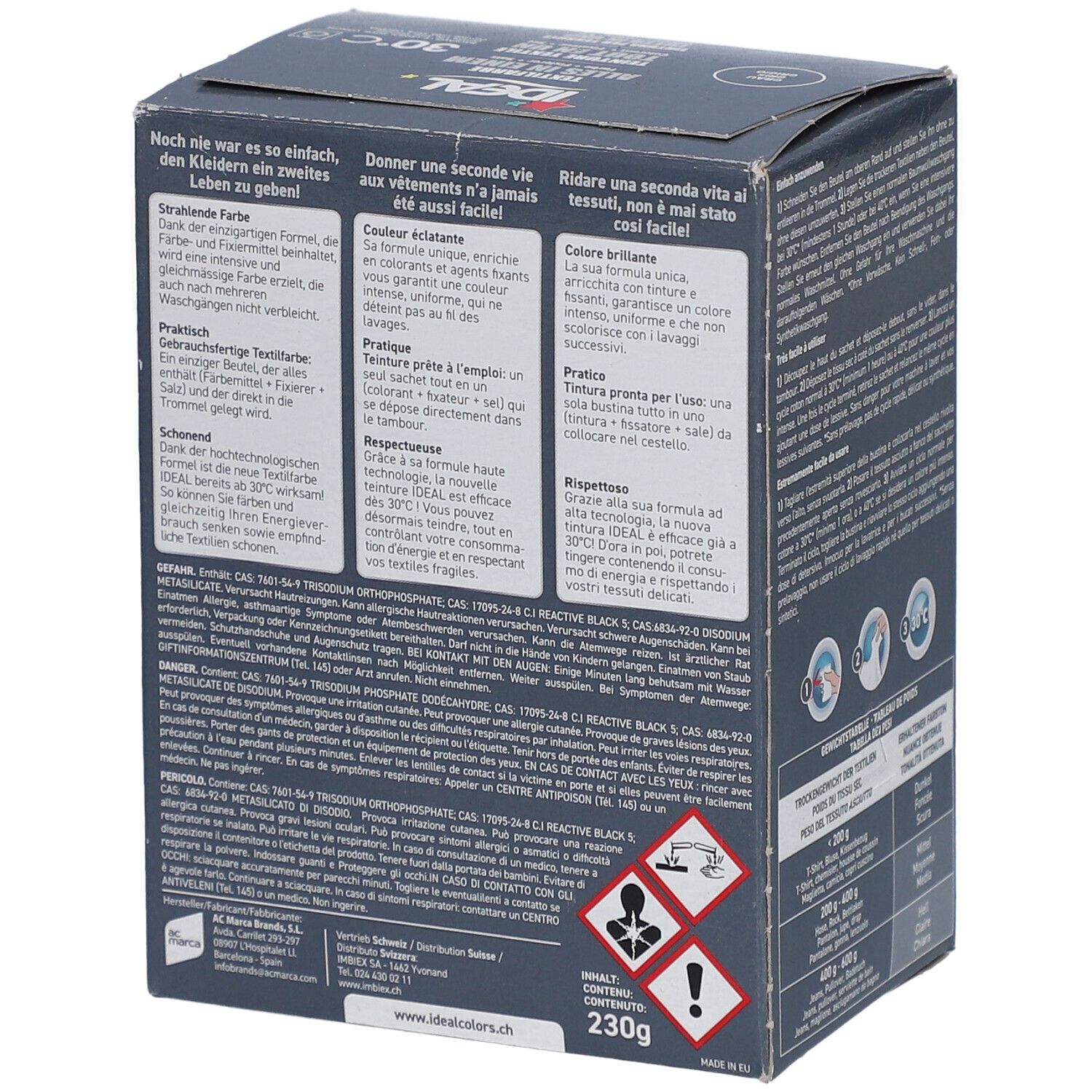 Box mit Text. Enthält Warnhinweise und Informationen zur Inhaltsstoffzusammensetzung. Gewicht: 230g. Gefahrensymbole.
