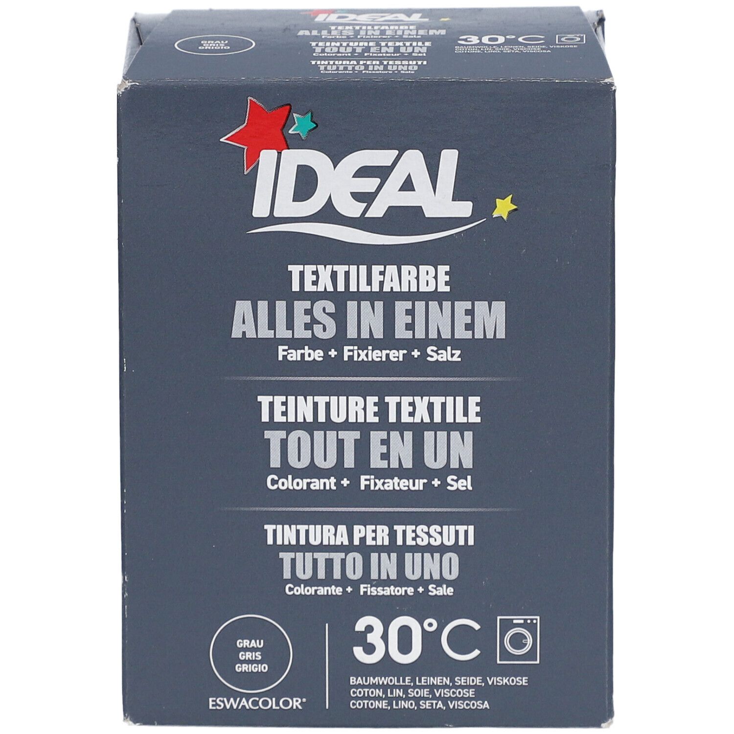 Vorderseite der Box. Aufschrift: IDEAL Textilfarbe Alles in Einem. Enthält Farbe, Fixierer und Salz. Waschmaschinen-Symbol und 30°C.