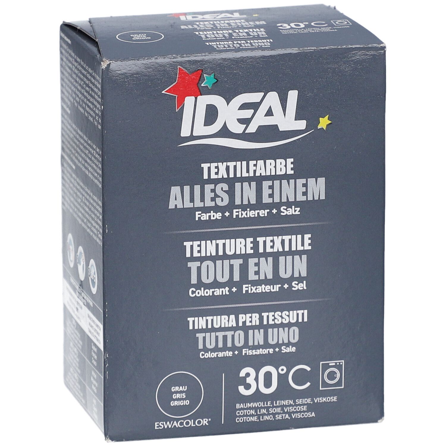 Vorderseite der Box. Aufschrift: IDEAL Textilfarbe Alles in Einem. Enthält Farbe, Fixierer und Salz. Waschmaschinen-Symbol und 30°C.