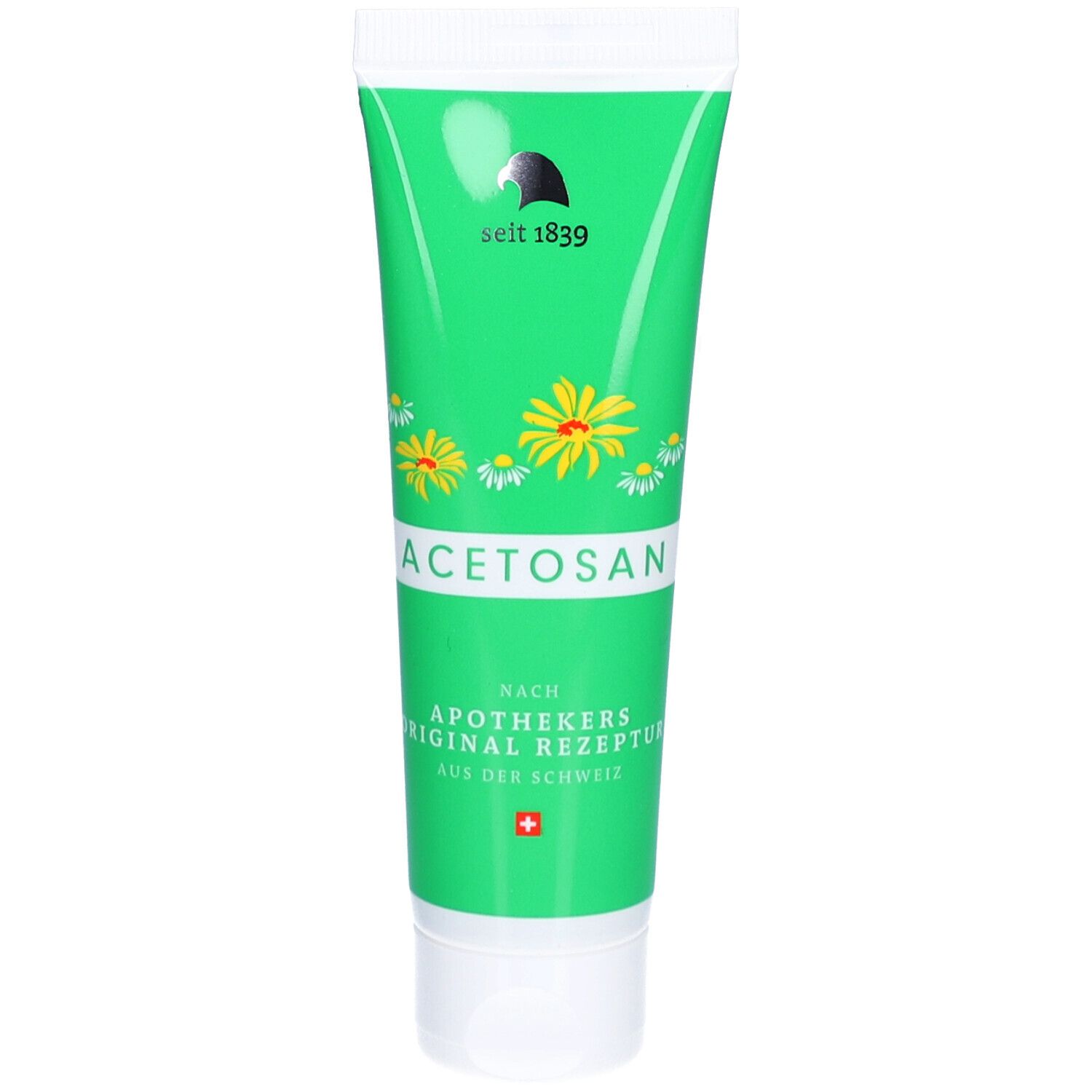 Tube verte avec bouchon blanc. Inscription 'ACETOSAN'. Fleurs jaunes et blanches. Texte: 'seit 1839'.