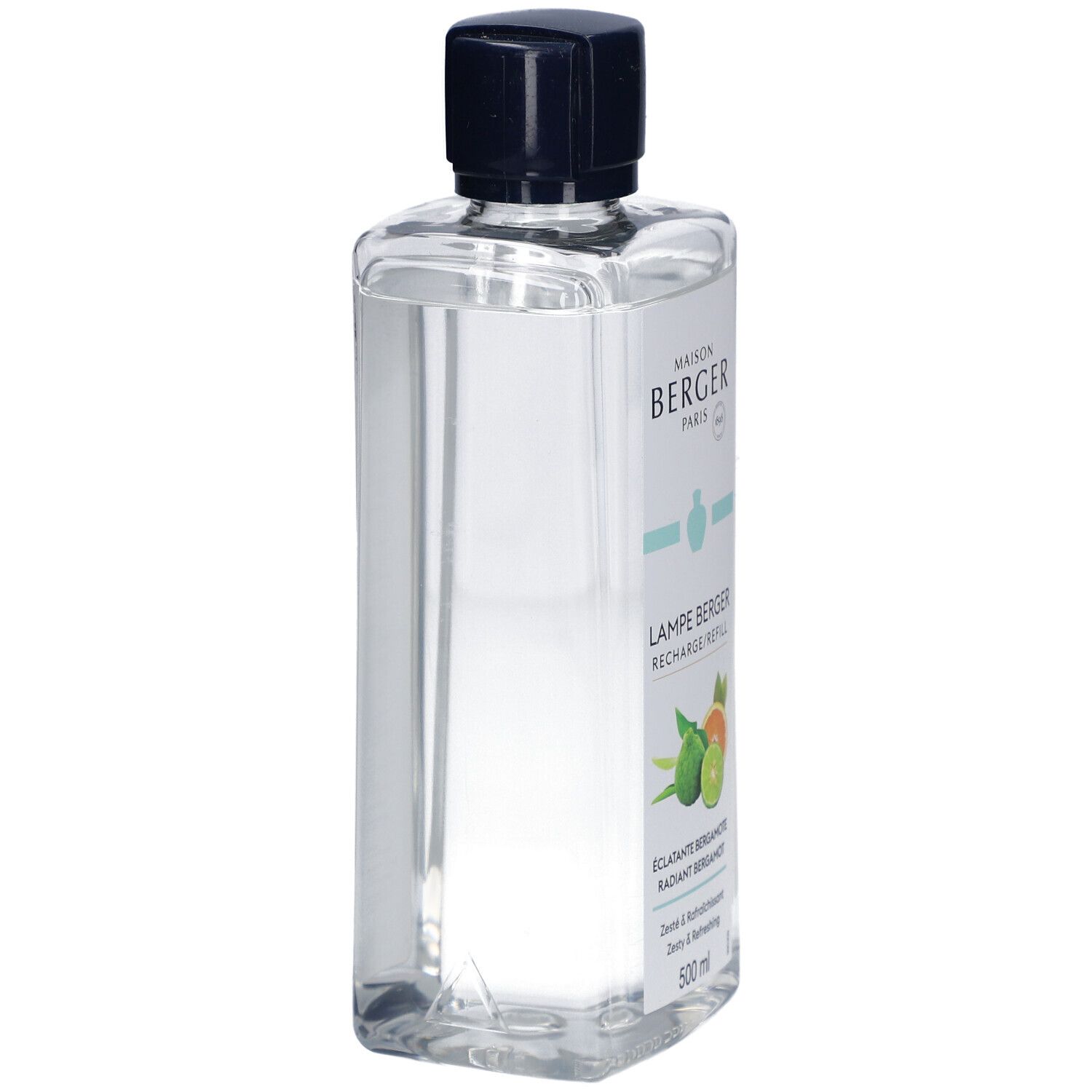 Klarflüssige Nachfüllung in einer rechteckigen Flasche mit schwarzem Deckel. Etikett mit Produktnamen und Illustrationen.