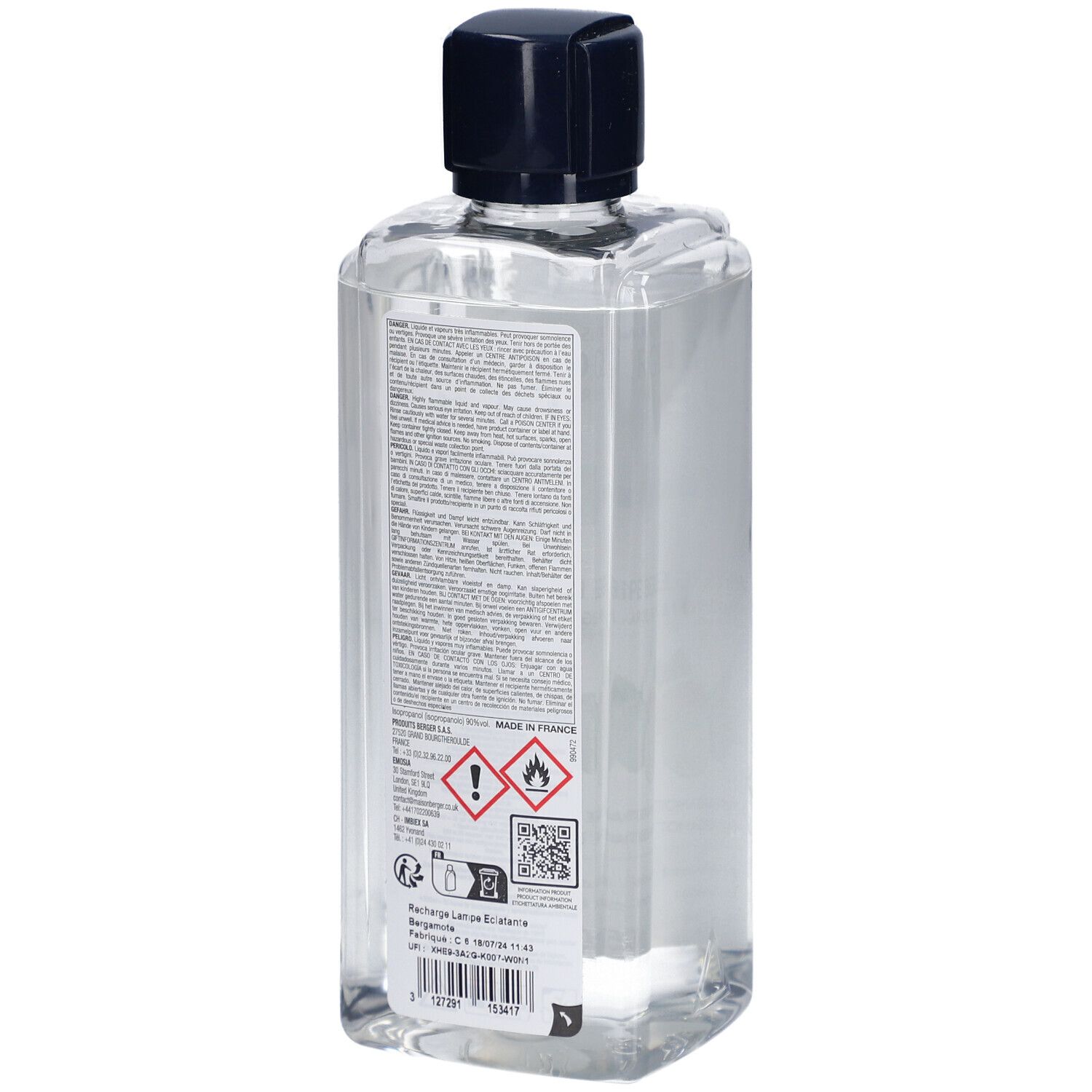 Rückseite einer rechteckigen Flasche mit schwarzem Deckel. Etikett mit Text, Warnhinweisen und QR-Code.