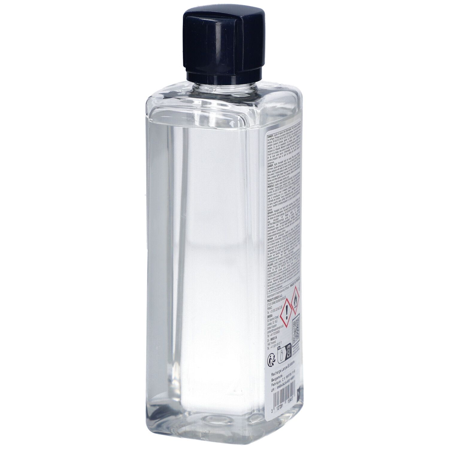 Rückseite einer rechteckigen Flasche mit schwarzem Deckel. Etikett mit Text, Warnhinweisen und QR-Code.
