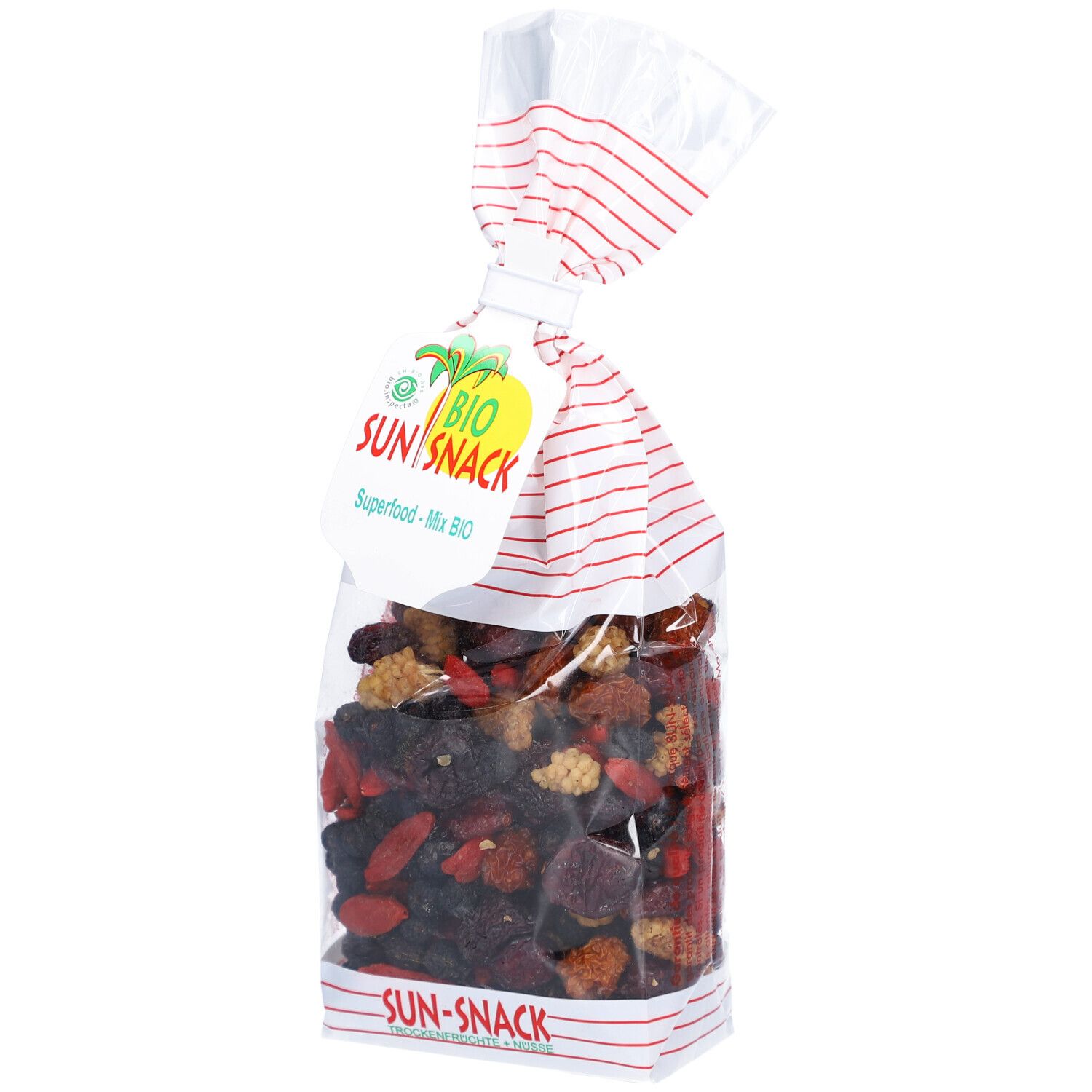 Transparente Tüte mit BIO SUN SNACK Superfood-Mix Bio. Rote und weiße Streifen am oberen Teil. Anhänger mit Logo und Text.