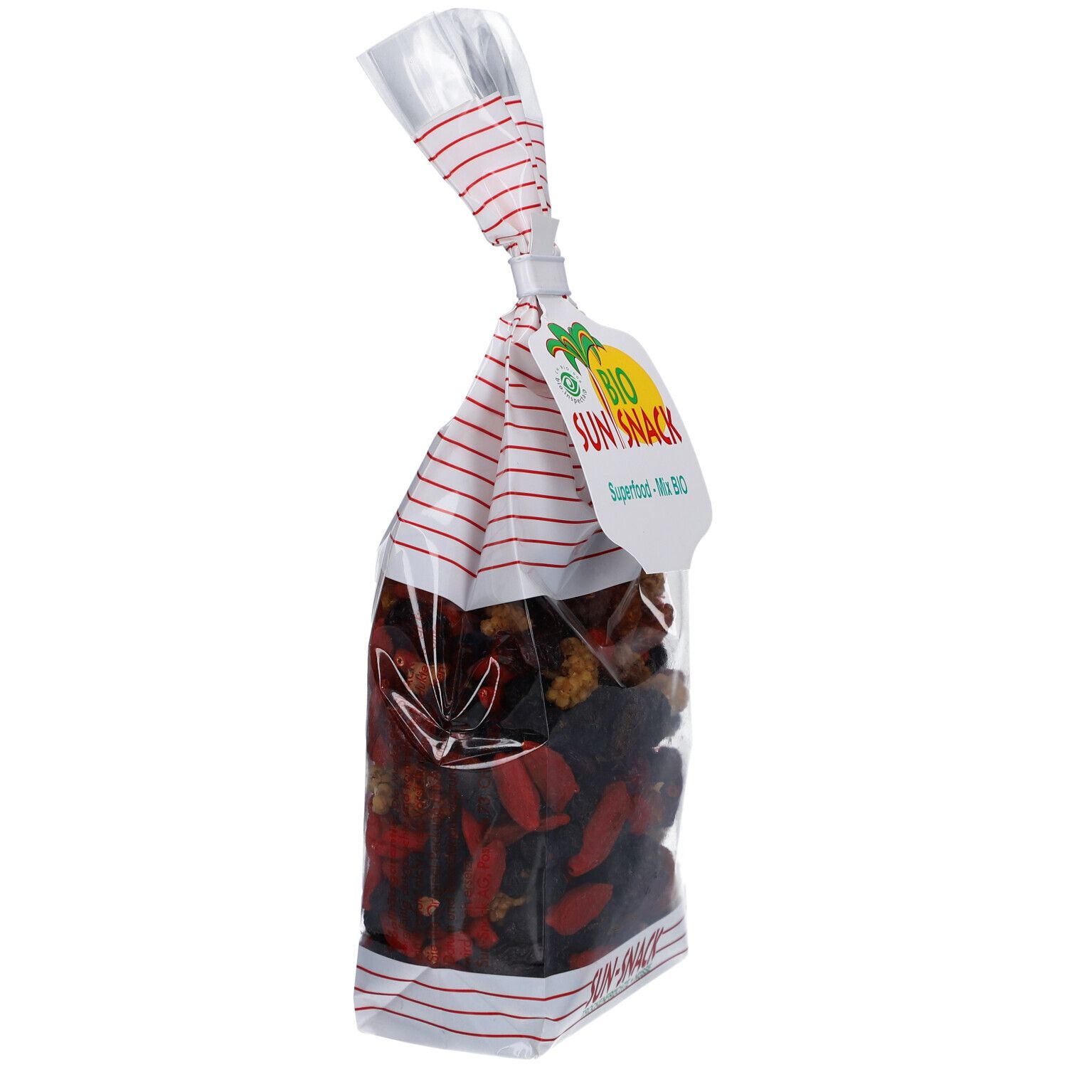 BIO SUN SNACK Superfood-Mix Bio in transparenter Tüte. Rote und weiße Streifen am oberen Teil. Anhänger mit Logo und Text.