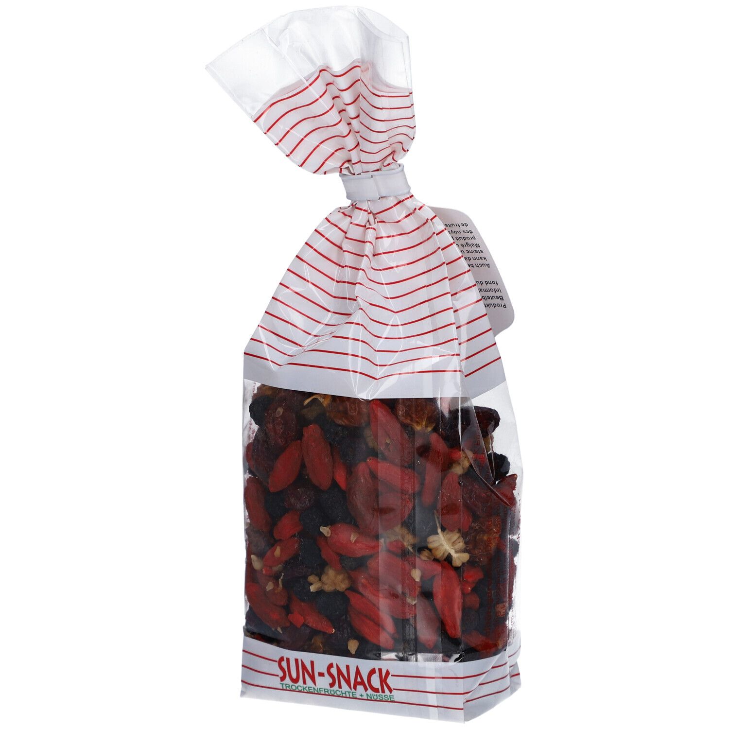 BIO SUN SNACK Superfood-Mix Bio in transparenter Tüte. Rote und weiße Streifen am oberen Teil. Anhänger mit Logo und Text.
