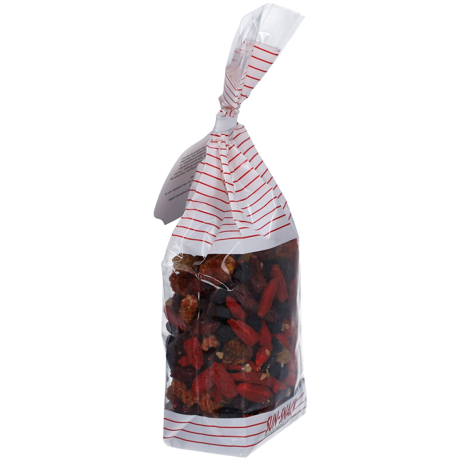 BIO SUN SNACK Superfood-Mix Bio in transparenter Tüte. Rote und weiße Streifen am oberen Teil. Anhänger mit Logo und Text.