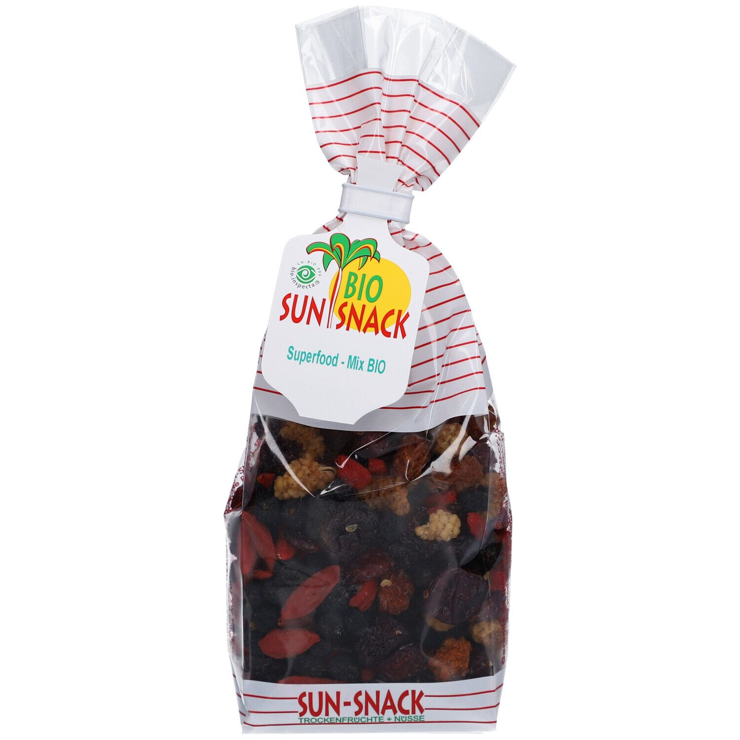 BIO SUN SNACK Superfood-Mix Bio in transparenter Tüte. Rote und weiße Streifen am oberen Teil. Anhänger mit Logo und Text.
