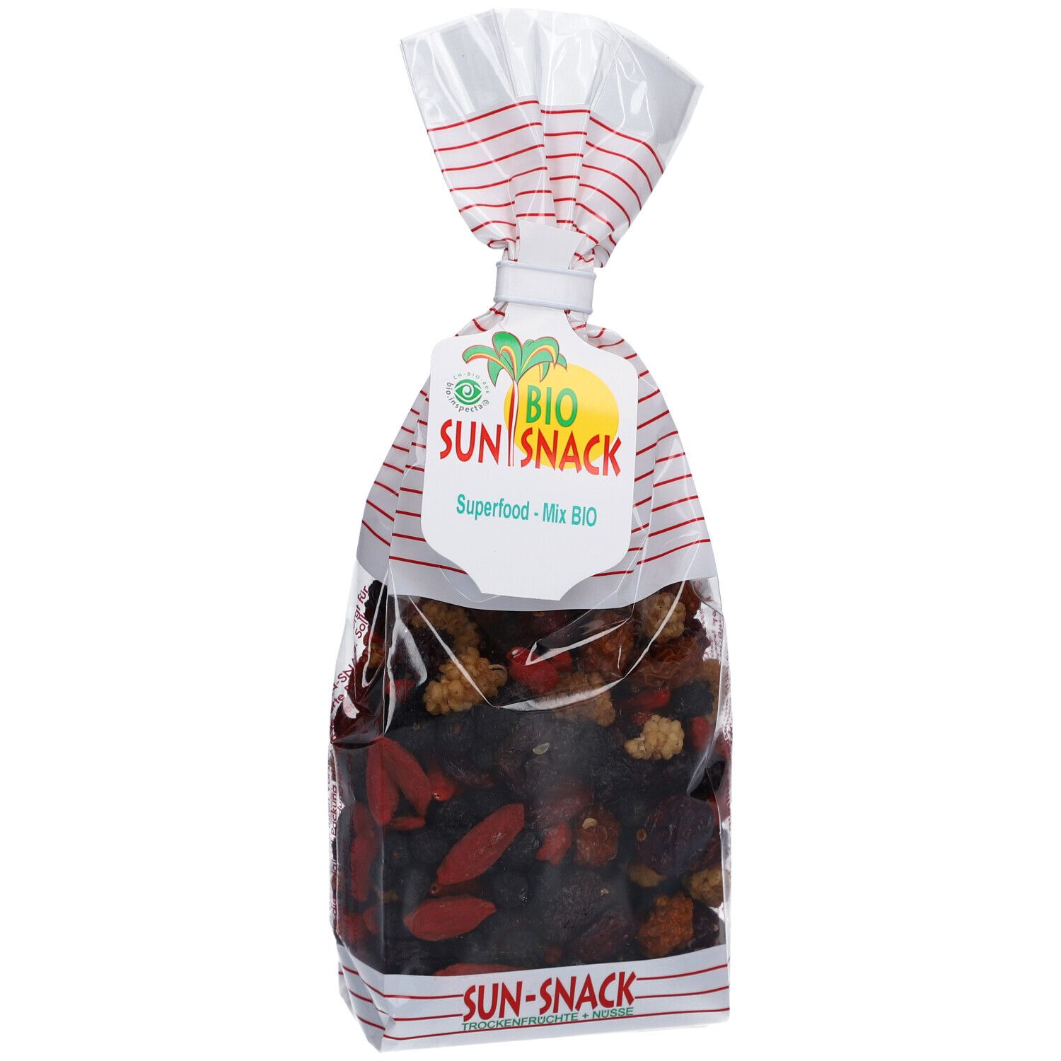 BIO SUN SNACK Superfood-Mix Bio in transparenter Tüte. Rote und weiße Streifen am oberen Teil. Anhänger mit Logo und Text.