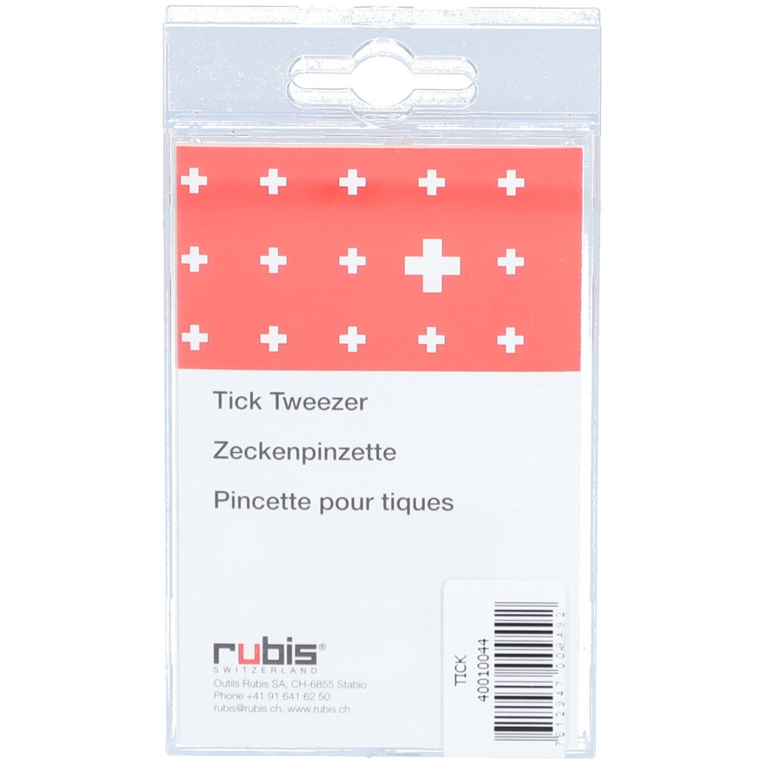 Rückseite der Verpackung einer gebogenen Edelstahl-Zeckenzange mit Produktinformationen und Barcode.