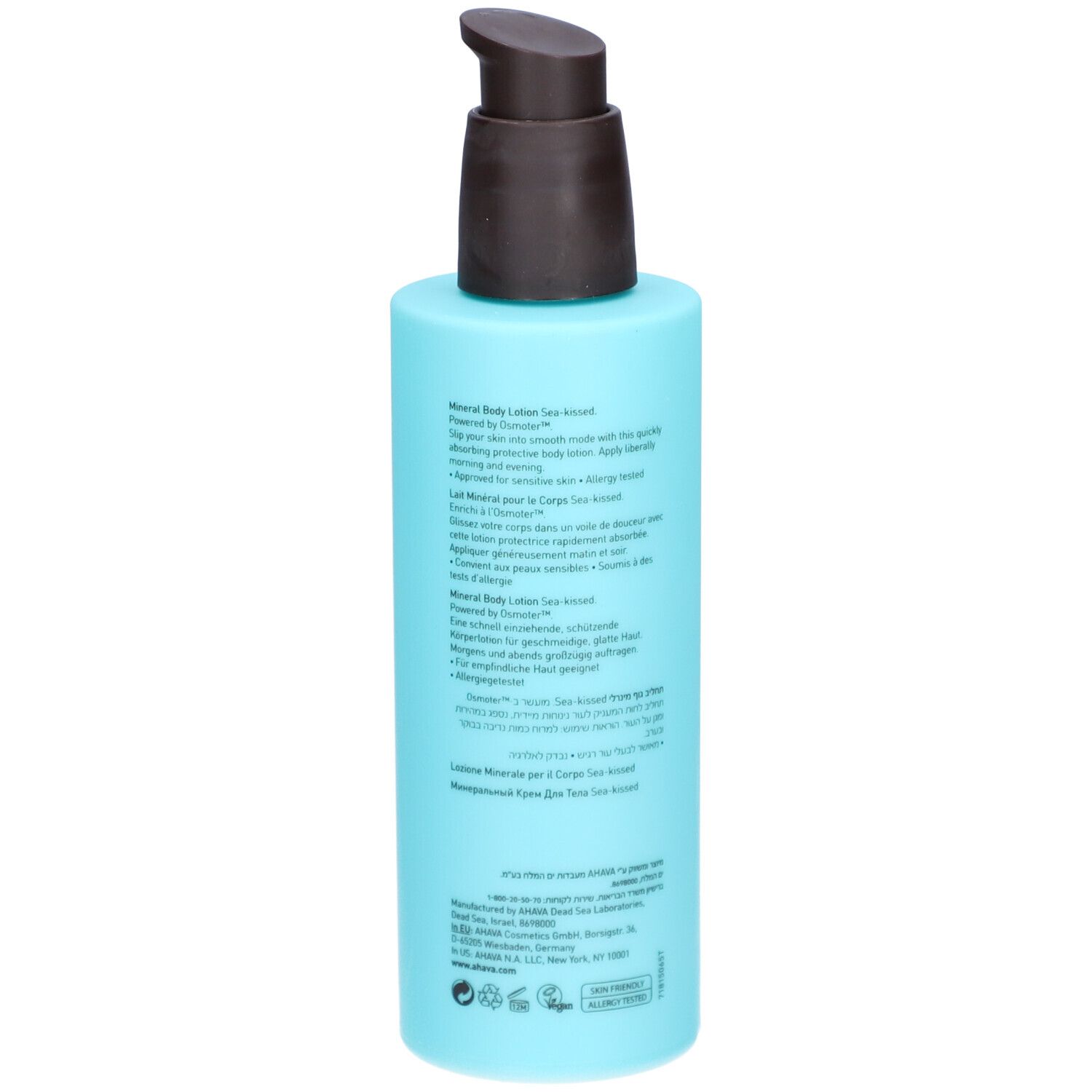 Hellblaue Flasche mit braunem Pumpkopf. Rückseite mit Text in verschiedenen Sprachen.