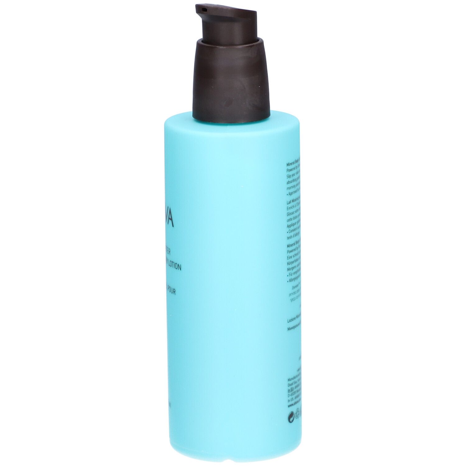 Hellblaue Flasche mit braunem Pumpkopf. Rückseite mit Text in verschiedenen Sprachen.