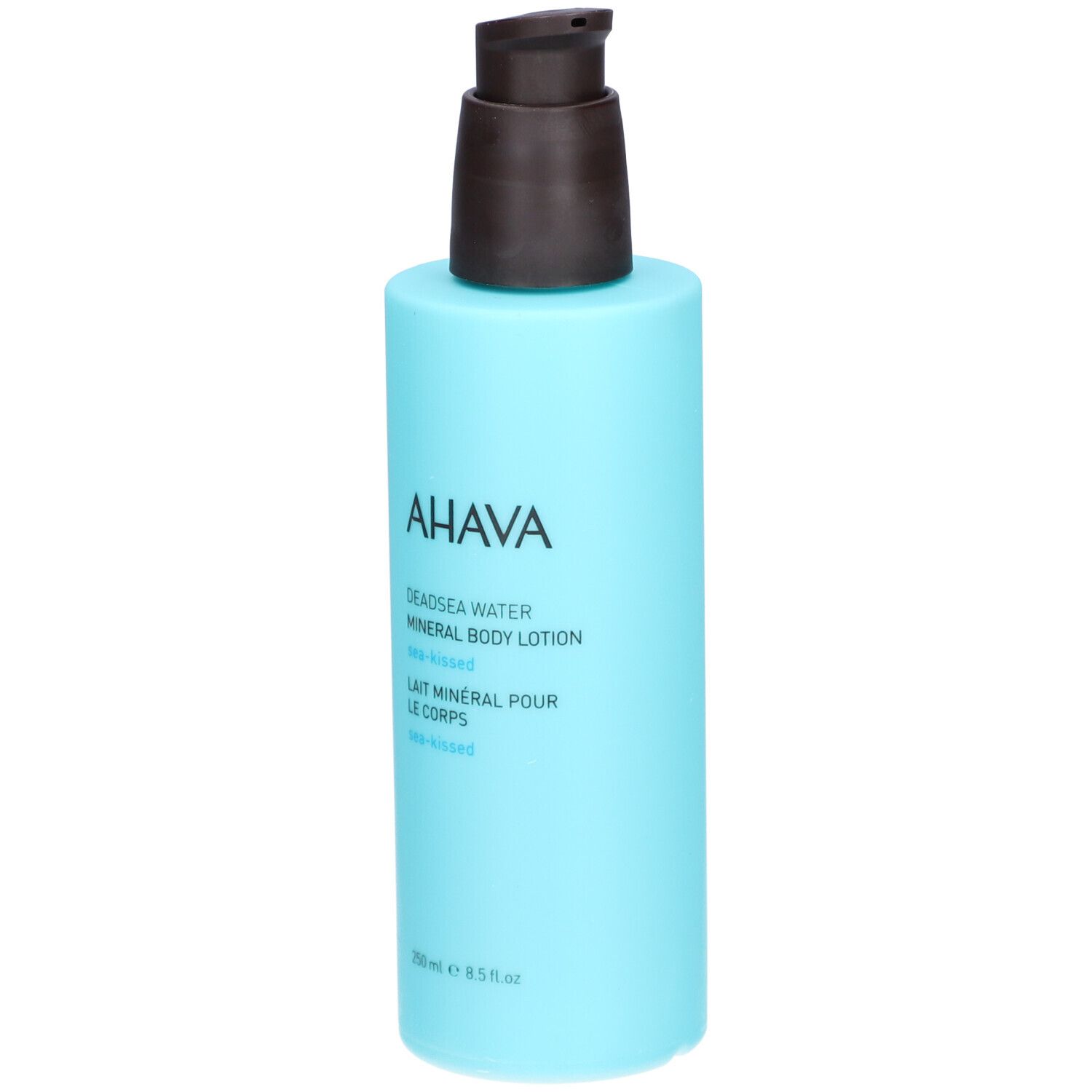 Hellblaue Flasche mit braunem Pumpkopf. AHAVA-Logo und Produktbezeichnung in weißer Schrift.