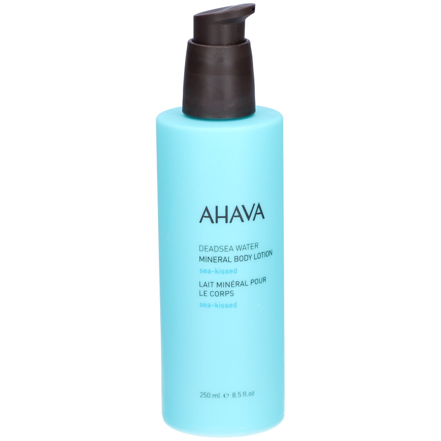 Hellblaue Flasche mit braunem Pumpkopf. AHAVA-Logo und Produktbezeichnung in weißer Schrift.
